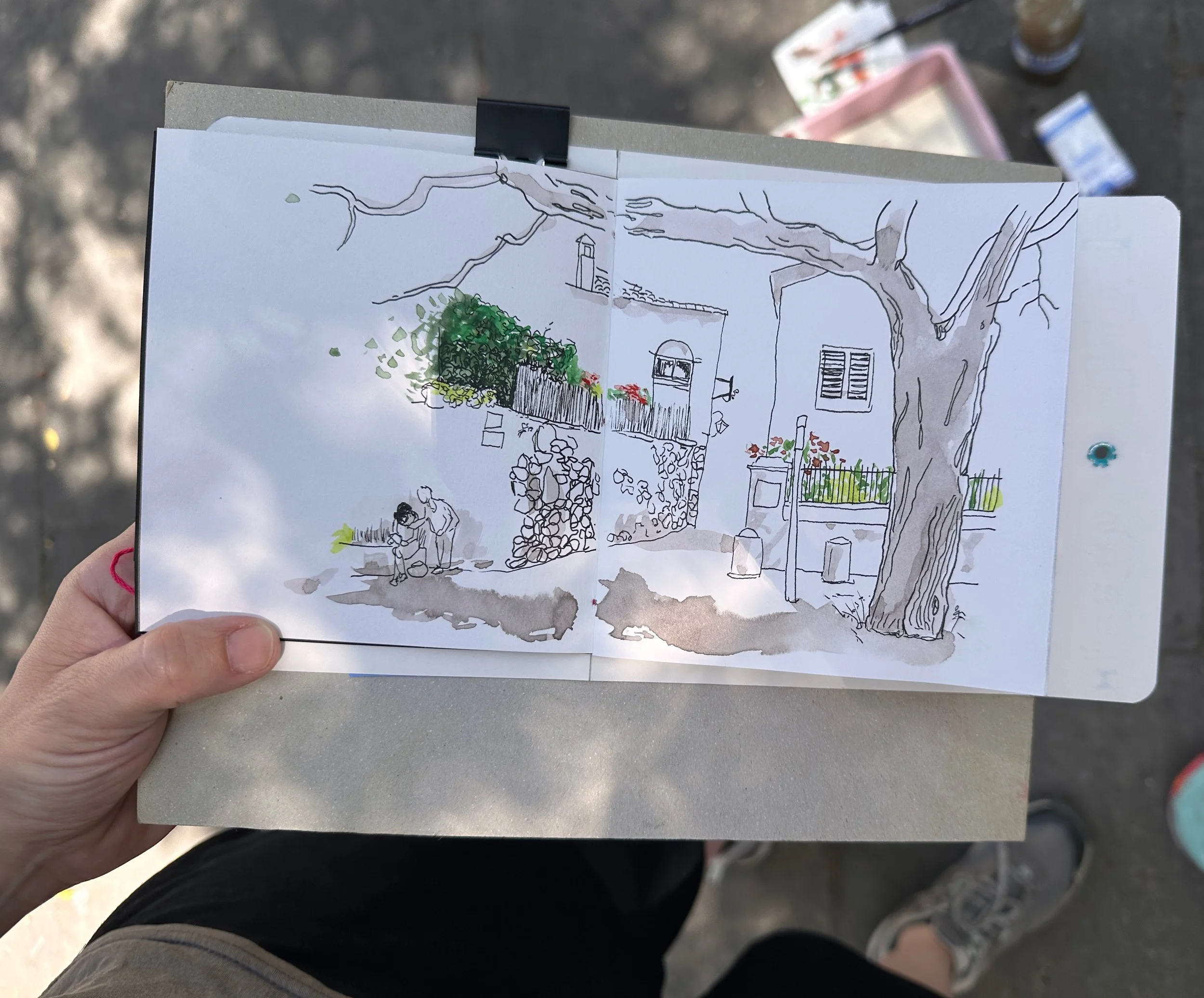 Watercolour and pen drawing of a quiet corner in Barcelona.