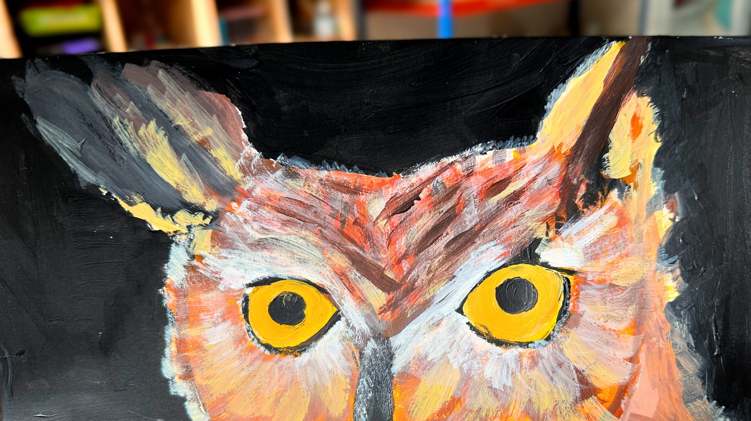 Owl acrylic painting - can be linked to KS2 animals and living beings and their habitats. Colour mixing, complementary colours and using different techniques such as impasto for creating texture.