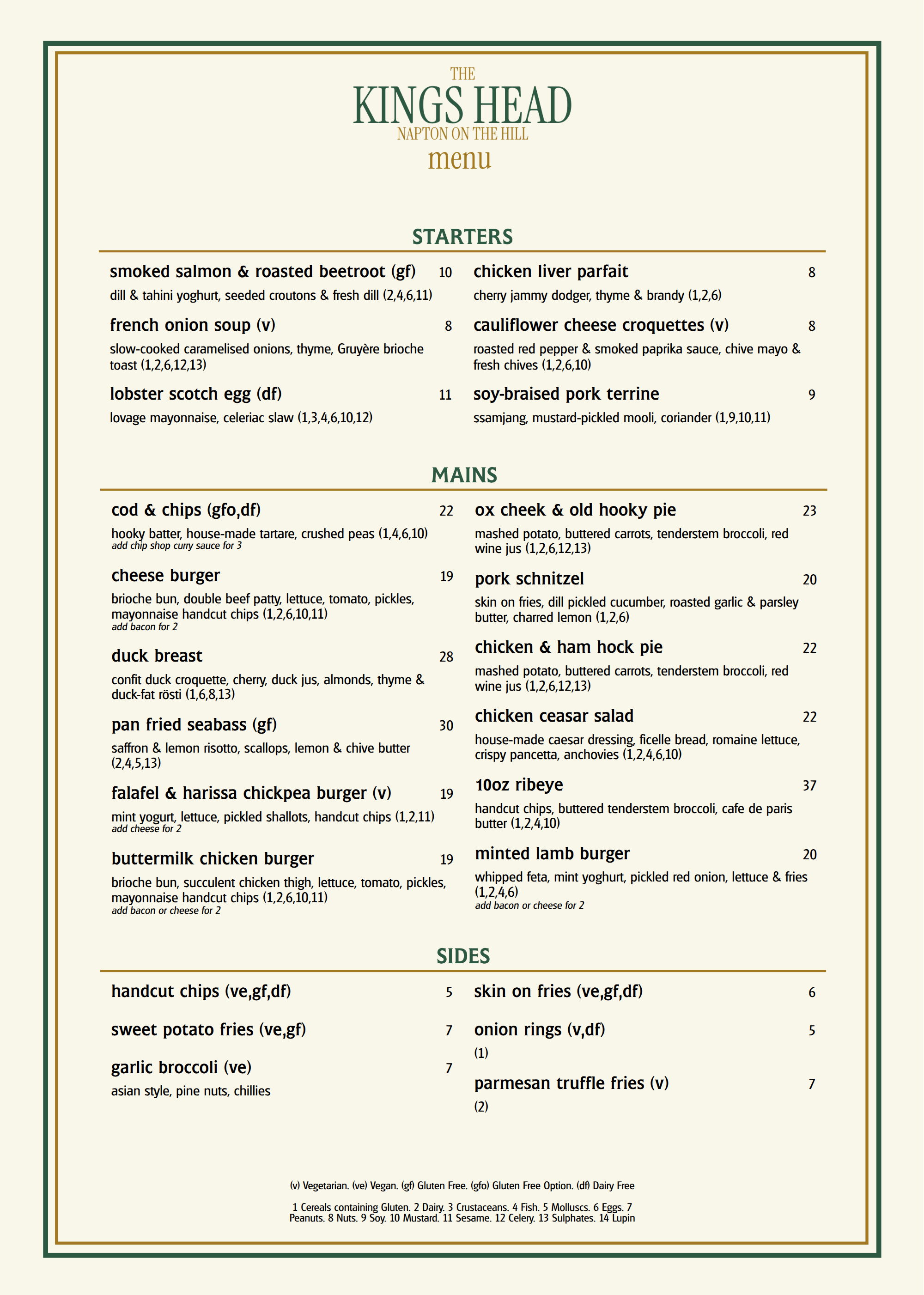 main menu at The Kings Head, Napton-on-the-Hill
