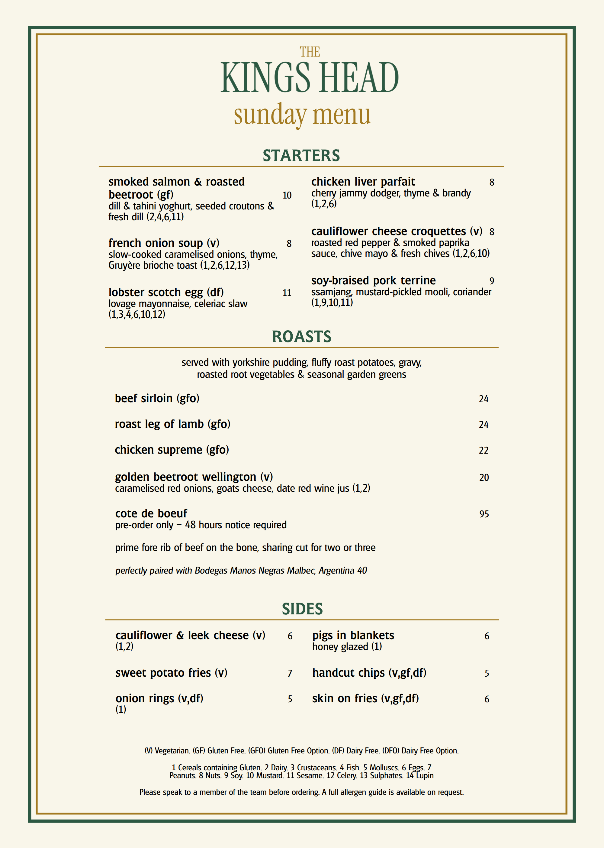 Sunday lunch menu at The Kings Head, Napton-on-the-Hill