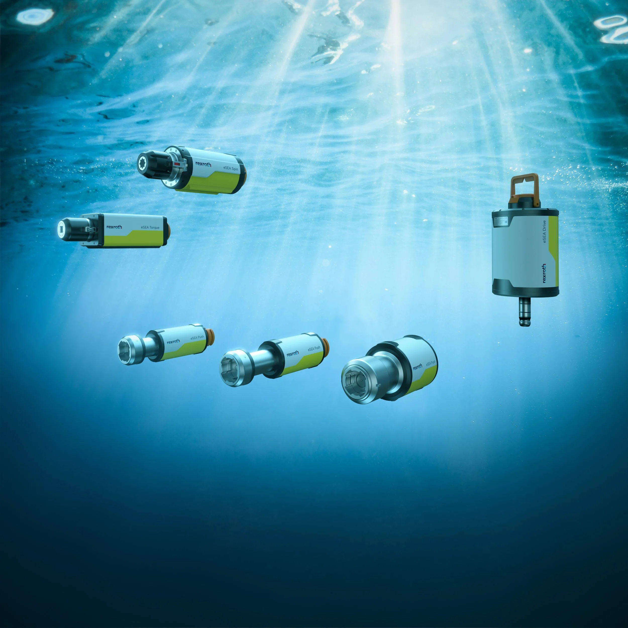 Das Industrial-Design der Rexroth eSea-Serie zeigt elektrische Unterwasserantriebe in Gelb-Grau, die für Tiefen bis 4.000m konzipiert sind und in lichtdurchflutetem, blauem Wasser schweben.