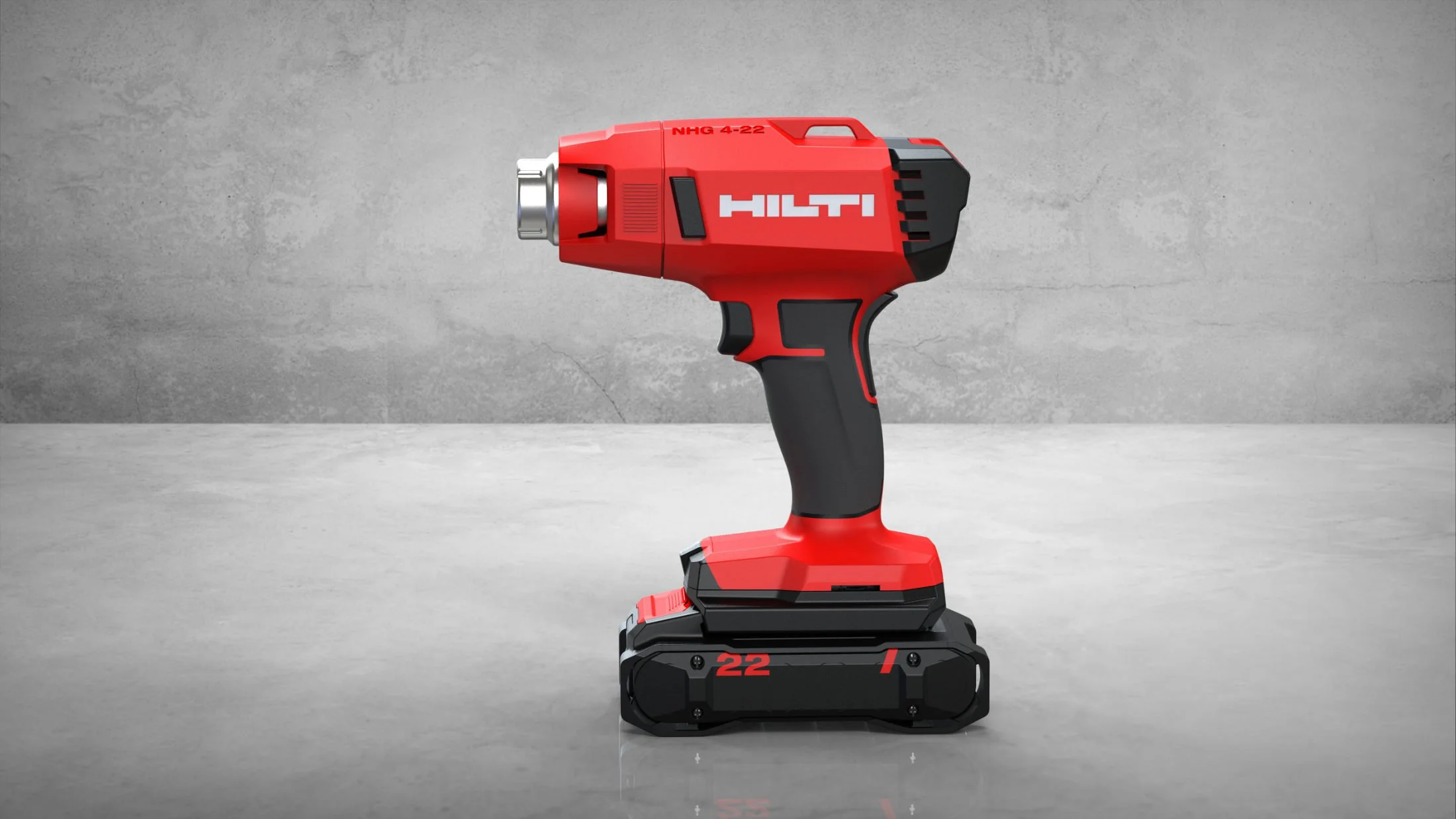 Die fotorealistische Rendergrafik präsentiert das finale Industrial Design der Heißluftpistole in der Seitenansicht auf grauem Betonboden, wobei die Balance zwischen dem massiven Kopf und dem gummierten, ergonomischen Griff hervorgehoben wird.