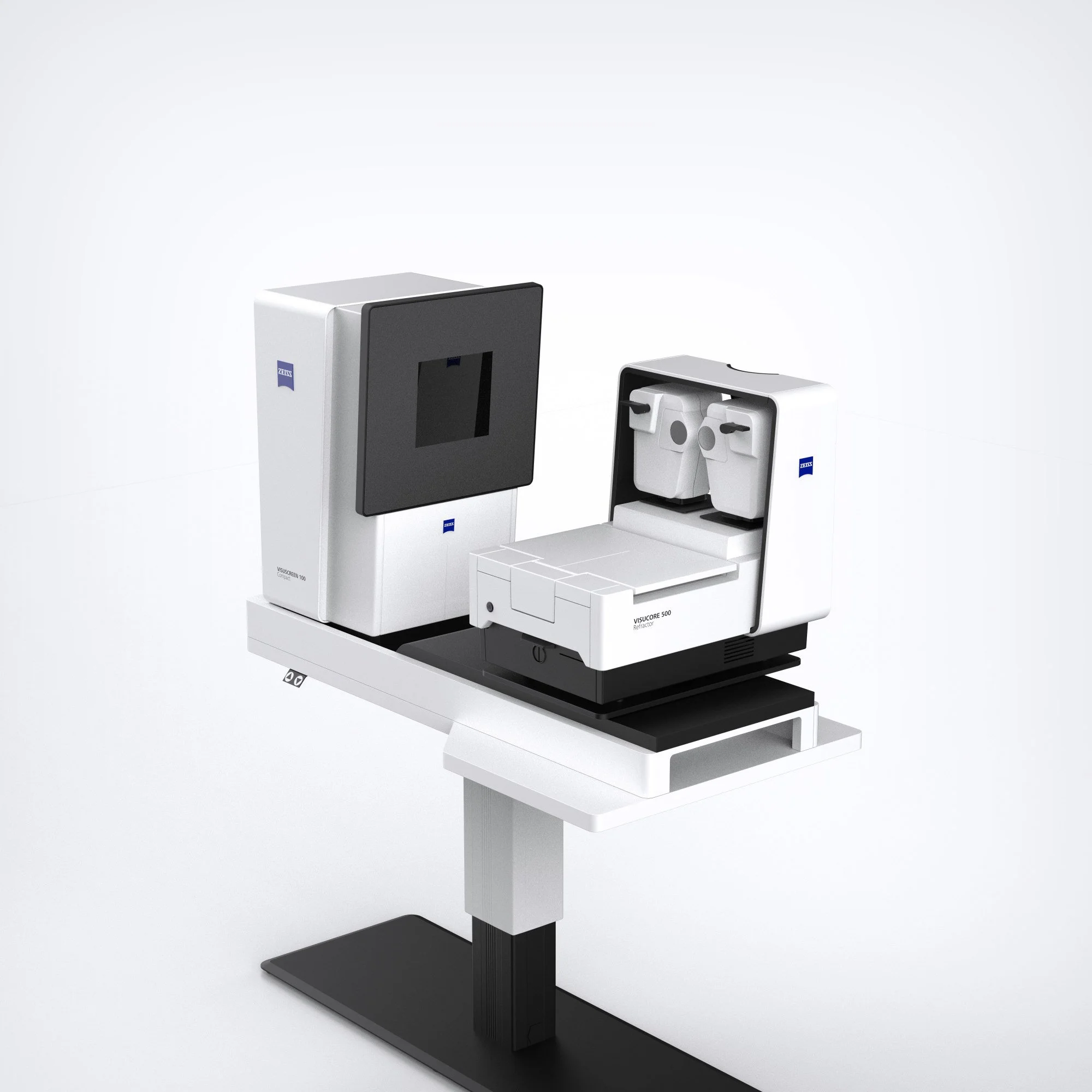 Dieses Industrial Design Rendering zeigt das ZEISS VISUCORE 500 als kompaktes Kombinationsgerät auf einem höhenverstellbaren Standfuß aus weißem und schwarzem Metall in einer Isometrie von links