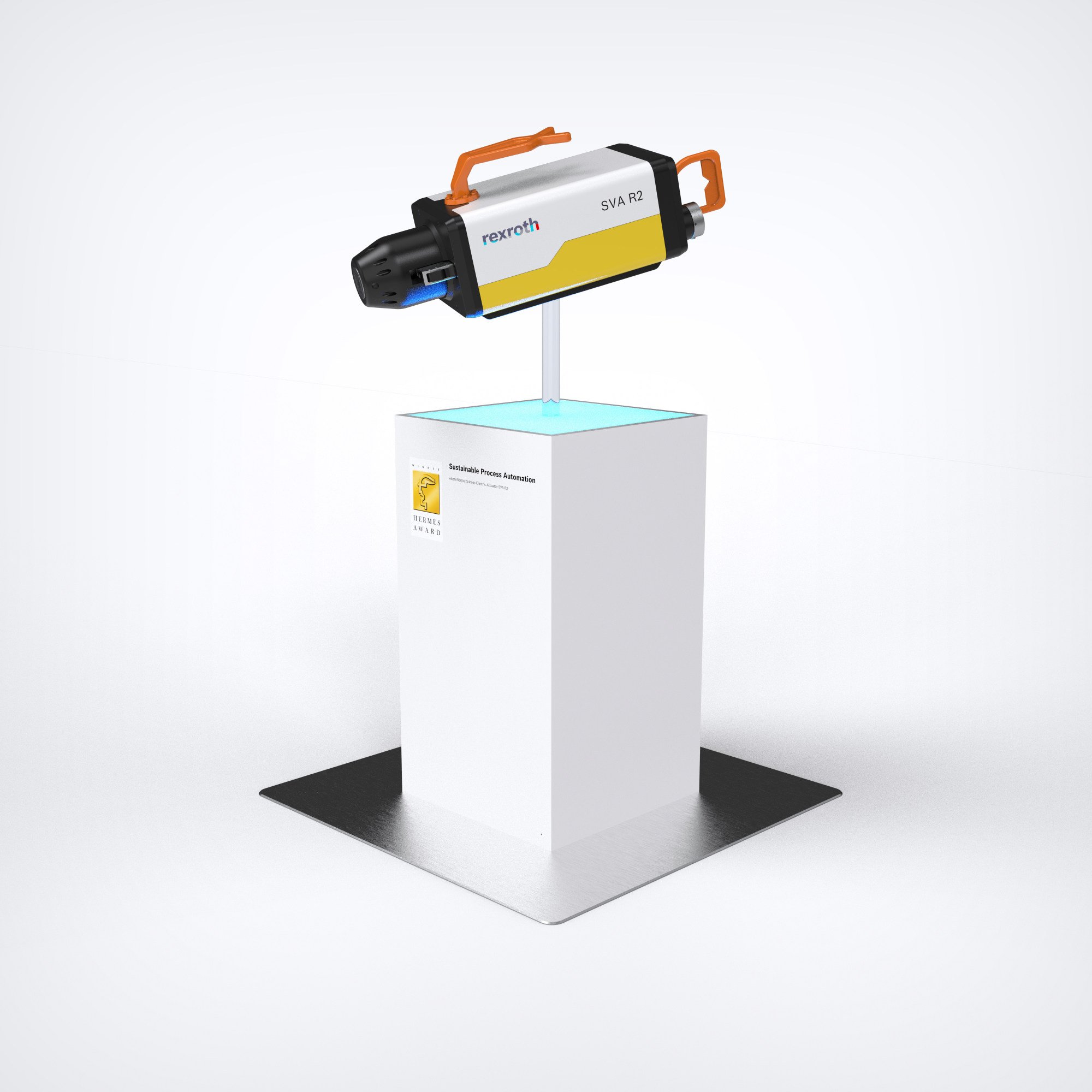 Messepodeste für die Hannover Messe zur strukturierten Präsentation der Subsea‑Antriebstechnik aus der eigenen Modellbauwerkstatt.