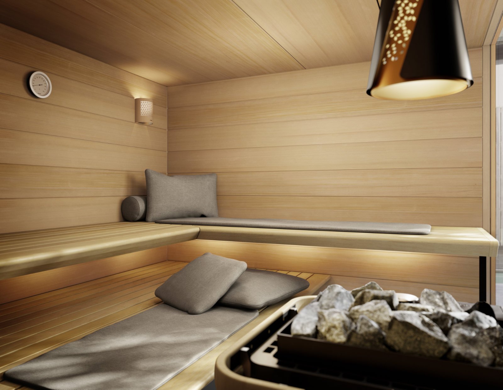 Der Innenraum der Sauna präsentiert ergonomische Liegeflächen mit grauen Polstern und Textilien, ergänzt durch eine indirekte Beleuchtung unter den Bänken sowie eine markante Pendelleuchte im durchdachten Industrial Design.