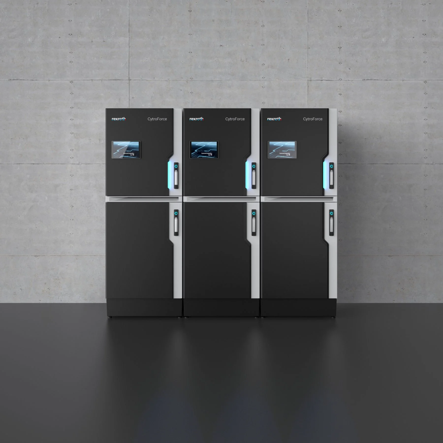 Drei Rexroth CytroForce Einheiten präsentieren sich in Frontansicht als modulares Industrial Design, deren flächenbündige Fronten mit UX-orientierten Displays und blau leuchtenden LED-Griffen eine klare Systematik bilden