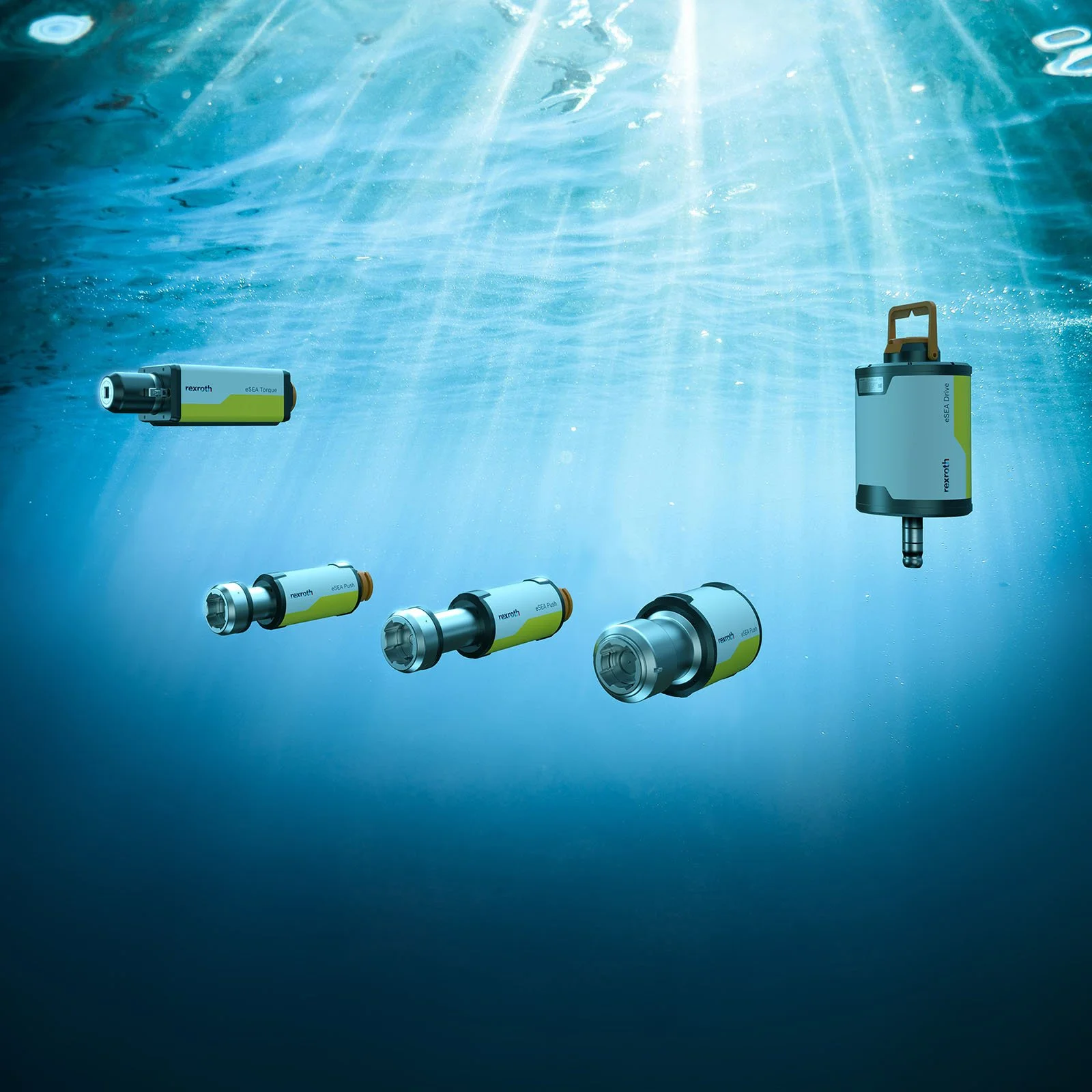 Das Industrial-Design der Rexroth eSea-Serie zeigt elektrische Unterwasserantriebe in Gelb-Grau, die für Tiefen bis 4.000m konzipiert sind und in lichtdurchflutetem, blauem Wasser schweben.