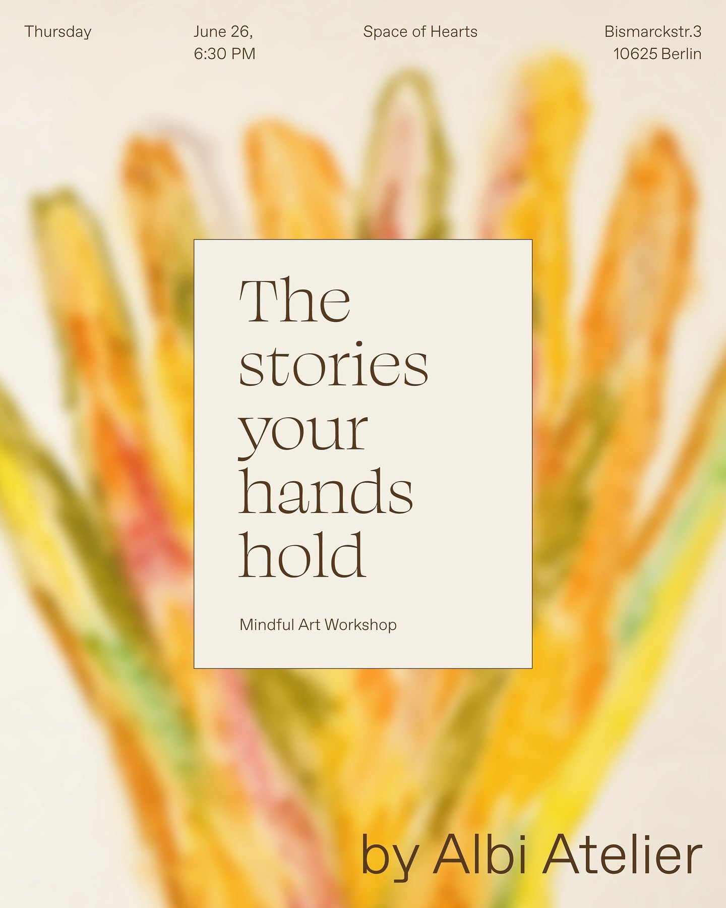 Join us for a unique, soul-nourishing Mindful Art Workshop in collaboration with my favorite creative space in Charlottenburg @spaceofhearts.studio ❤️

🗓️ Thursday, June 26th | 6:30 PM
📍 Space of Hearts (Bismarckstr. 3, 10625 Berlin)

This workshop