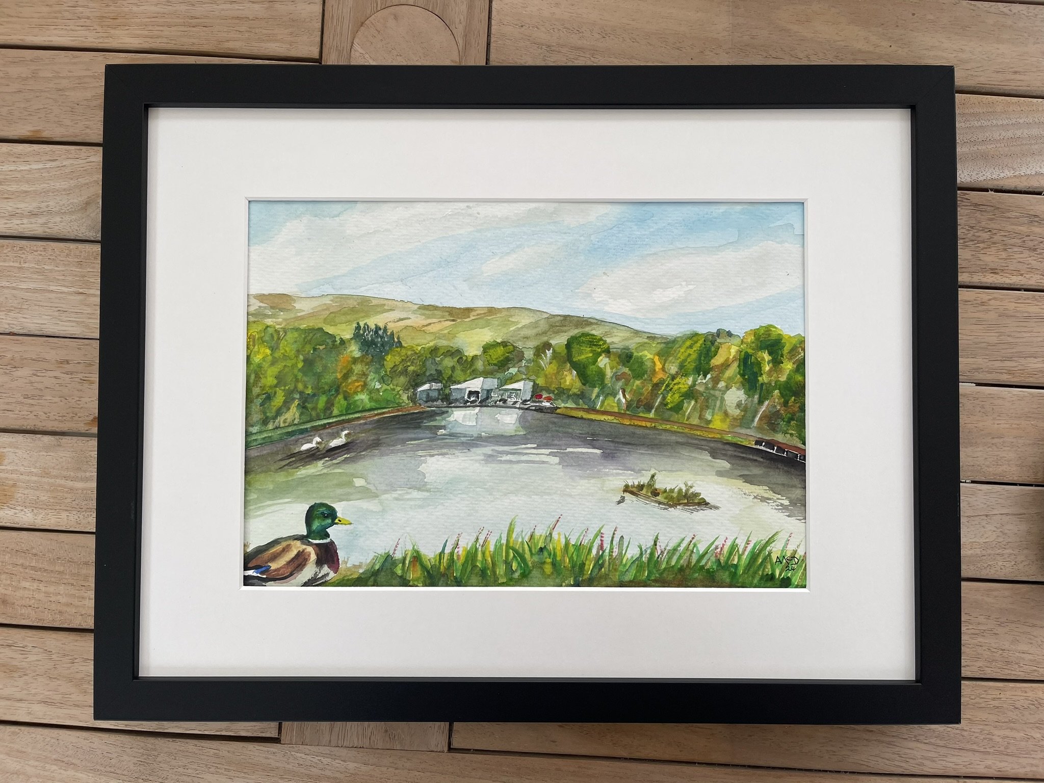 A watercolor painting of a park with a pond, green trees, and rolling hills in the background. There is a duck in the foreground and a boat on the water, with some birds near the pond's edge.