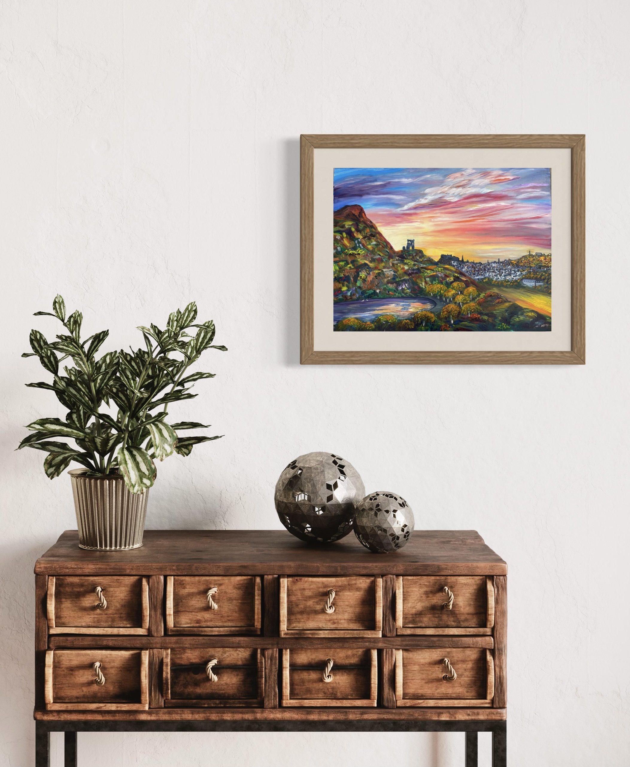 'Holyrood Sunset' - shown here as 16" (H) x 20", with a 2" mount and light oak frame.