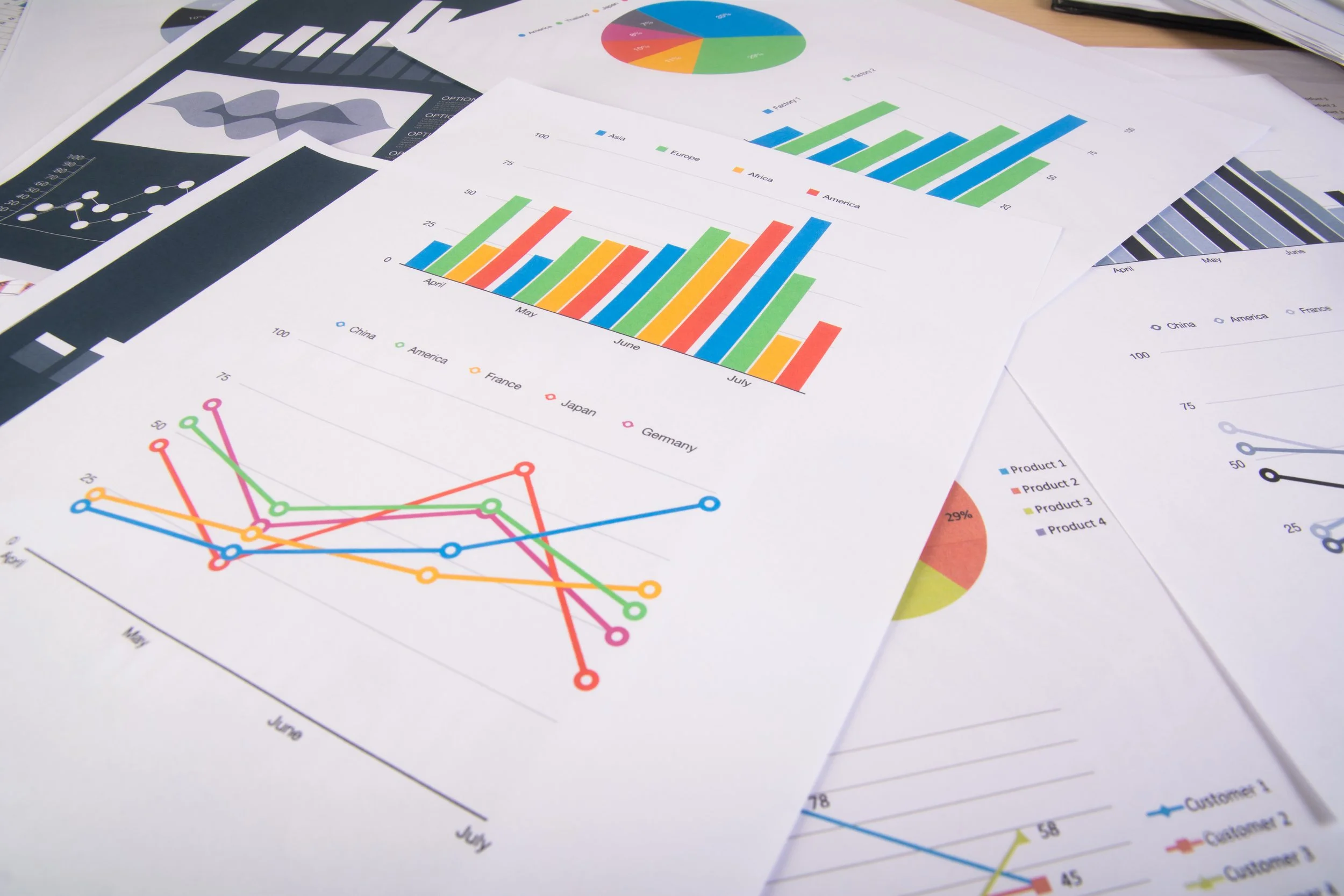 Several sheets of paper with colorful charts and graphs, including bar graphs, line graphs, and pie charts, spread out on a wooden desk.