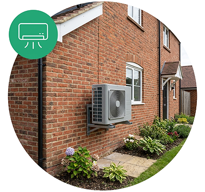 Air conditioning unit mounted on the brick wall of a house exterior with plants below and a window.