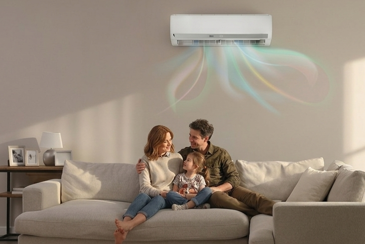 A family of three sitting on a cream-colored sofa in a living room, smiling and spending time together. An air conditioner unit is mounted on the beige wall above them with colorful, swirling airflow graphics indicating cooling.