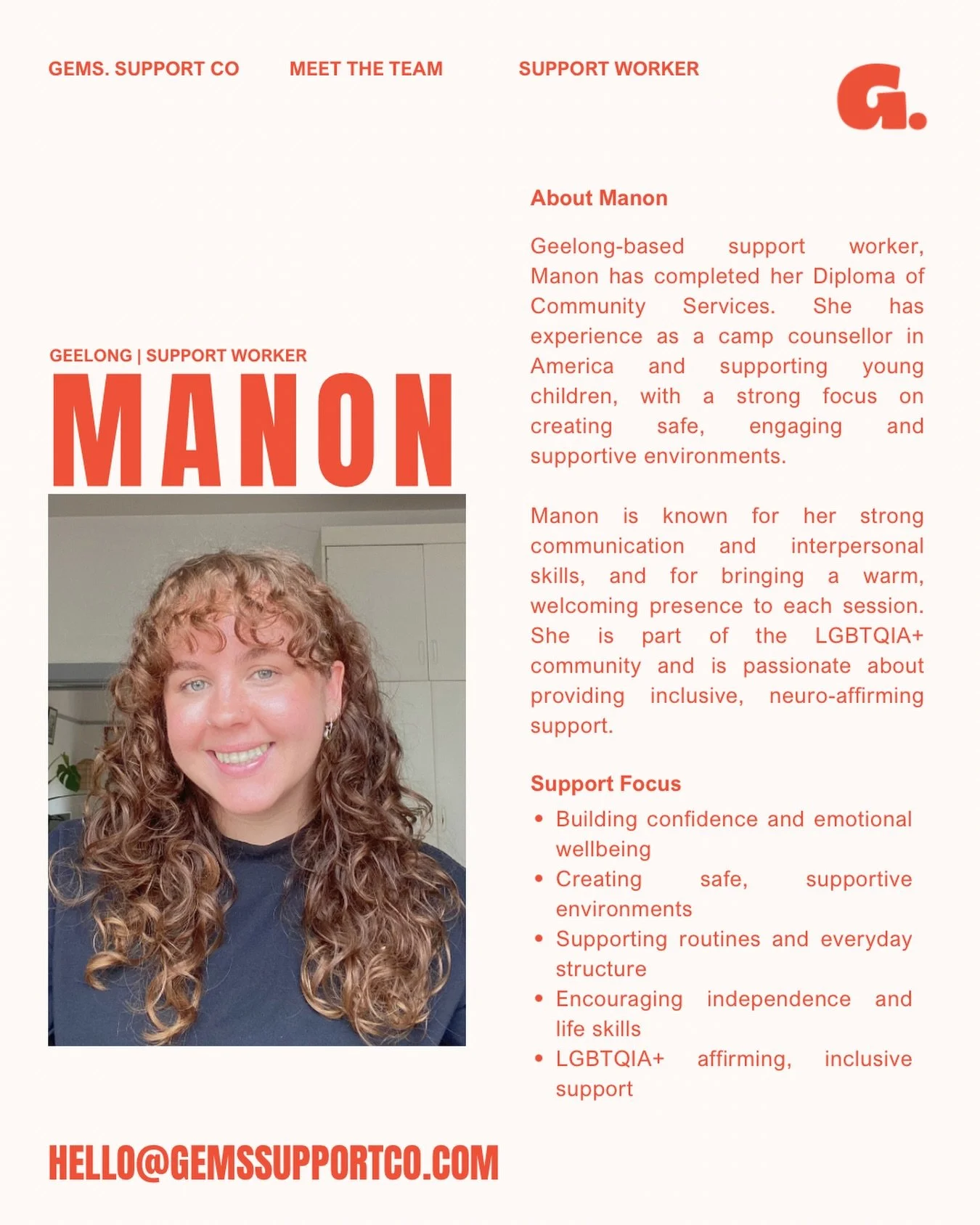 We&rsquo;ve opened up availability with Manon across Geelong and surrounding areas 🧡

Manon brings a calm, welcoming presence and takes the time to build genuine connections with her clients. She focuses on creating safe, supportive environments and