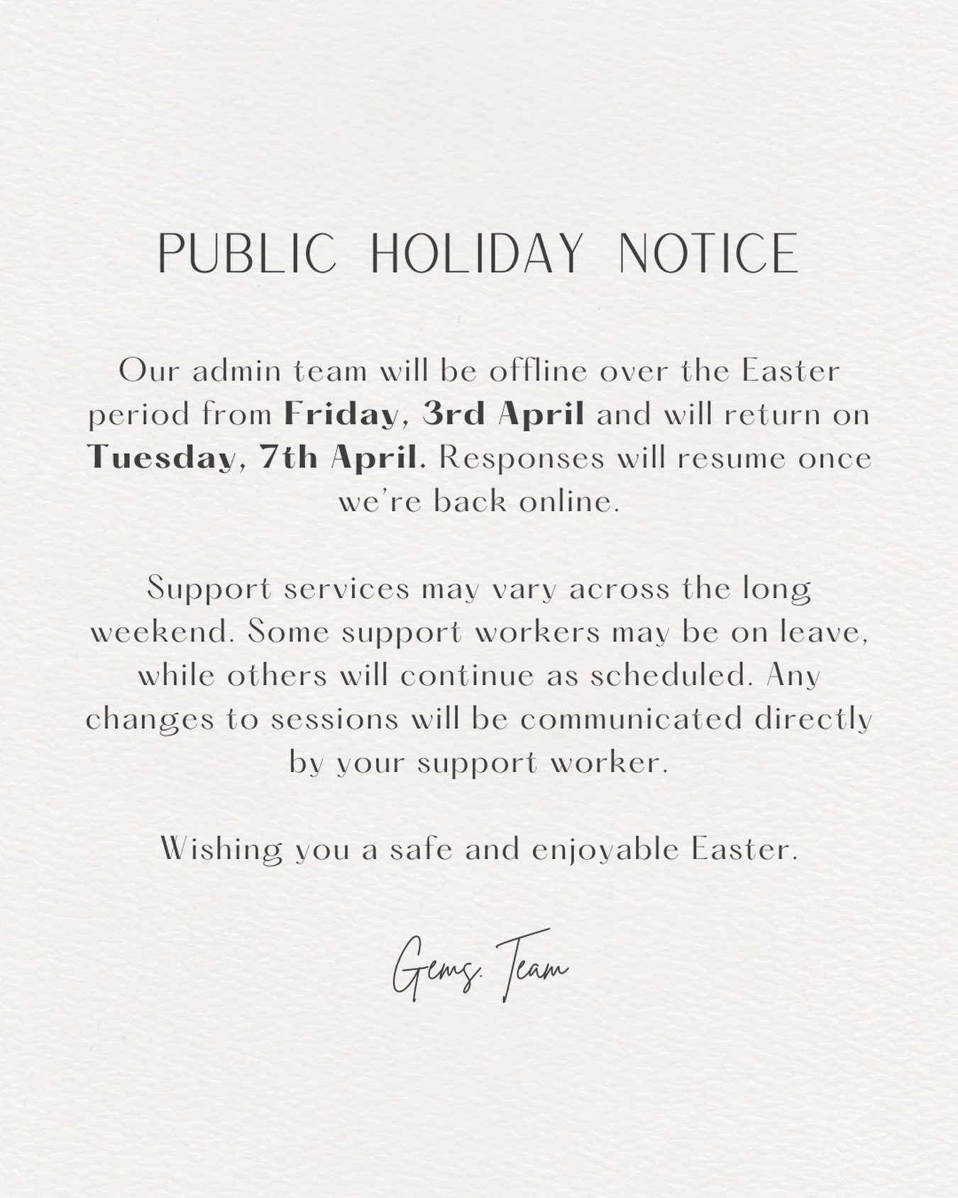 Easter Long Weekend Notice 🐰
Back online Tuesday!