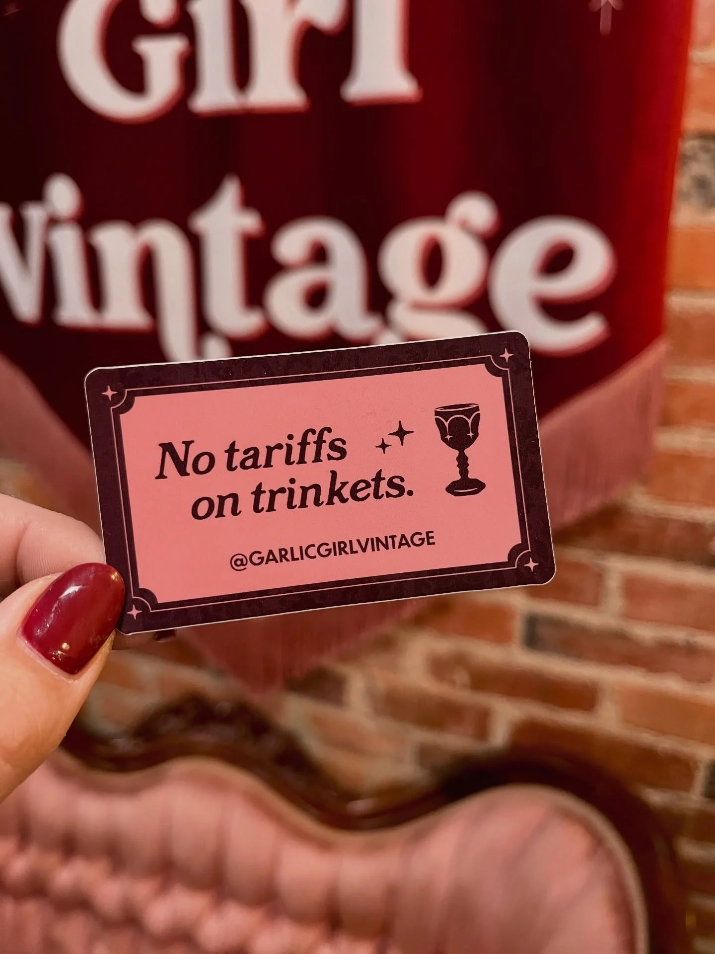 Stop in tomorrow for Small Business Saturday and snag a free &ldquo;no tariffs on trinkets&rdquo; sticker with any purchase ❤️&zwj;🔥

Every single dollar you spend at small businesses has meaning. There are real people behind Garlic Girl Vintage and