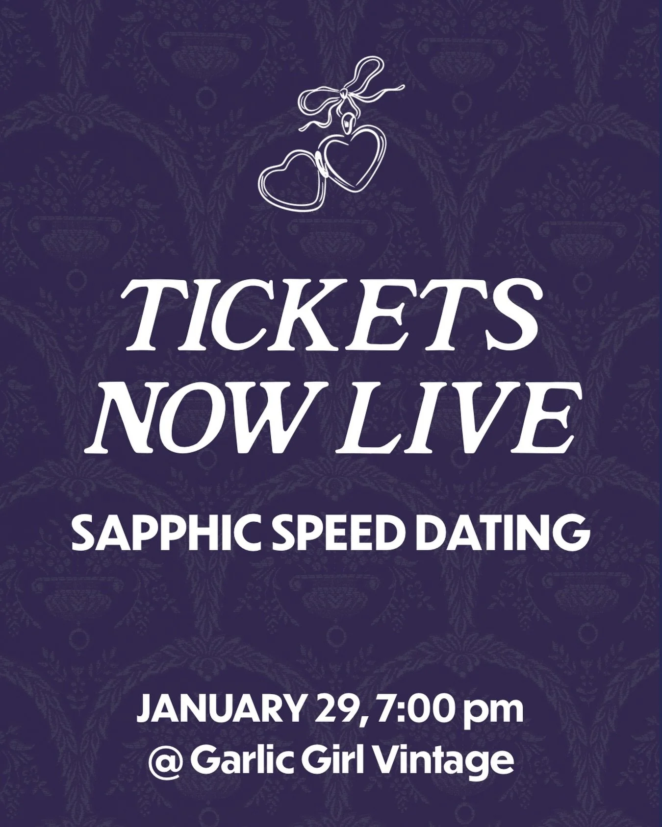 EDIT: SOLD OUT! In six minutes no less!

Spend an evening browsing vintage trinkets and new connections 💘 Tickets are $12, available now at garlicgirlvintage.com/tickets + the link in my bio.

This event is focused on people who identify with the wo