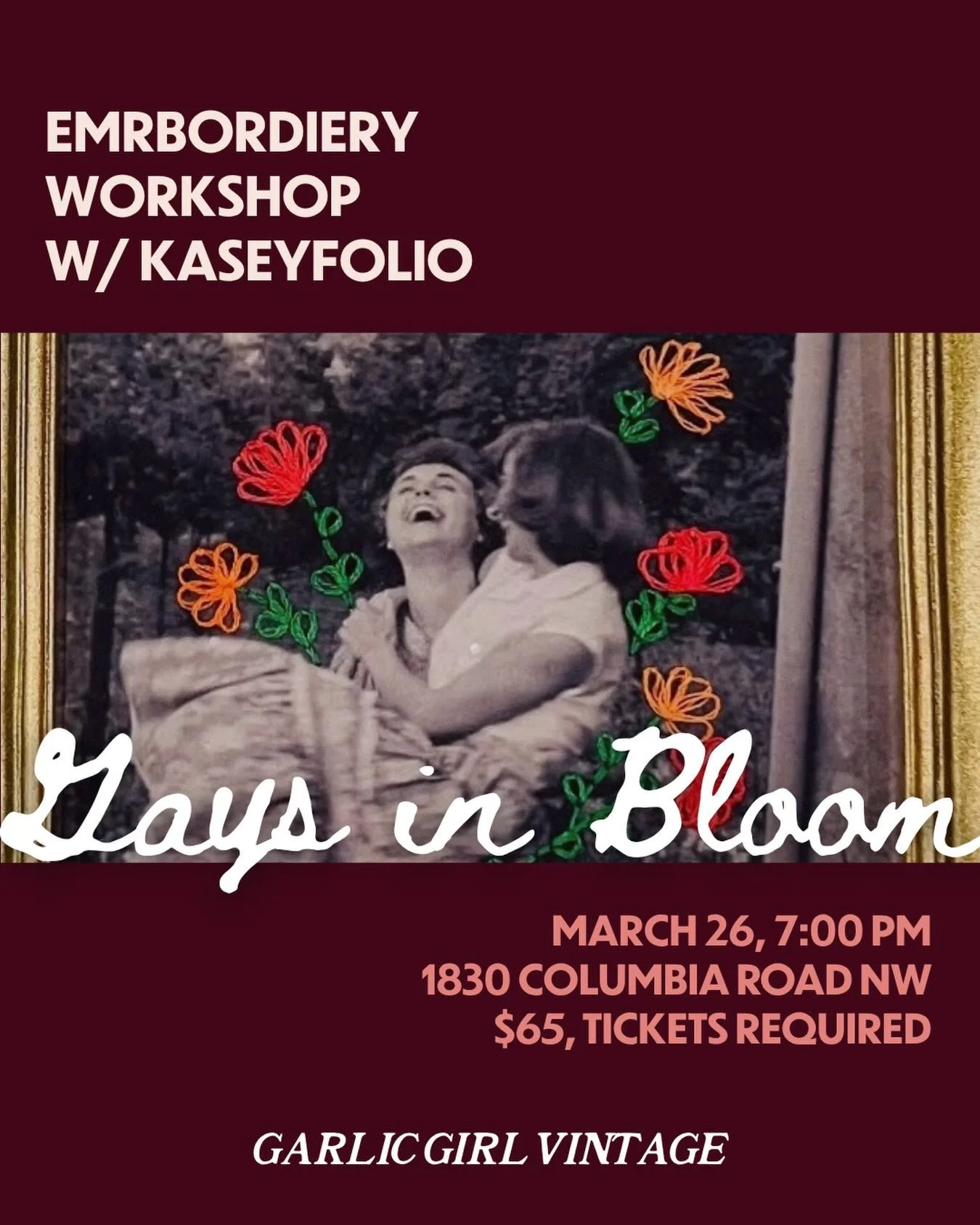 The theme you voted for with the instructor you love is almost here! Stitch your heart out with Kasey Foley of @kaseyfolio during Gays in Bloom, an evening of embroidering and community on Thursday 3/26. 

During the class, Kasey will teach you to em
