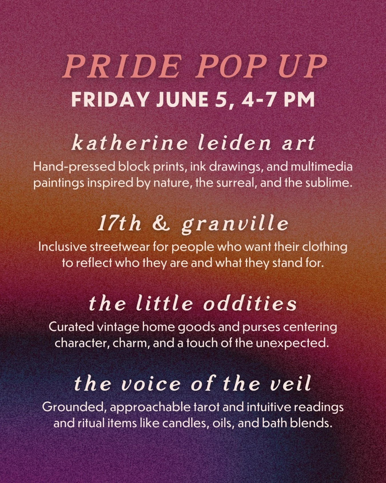 Our first Pride Pop Up of the season is tomorrow, June 5 from 4-7! Fridays at GGV are your new cultural happy hours to kick off your weekend Pride plans, featuring a slate of local queer-owned businesses. 

Tomorrow we&rsquo;ll have artwork from @kel