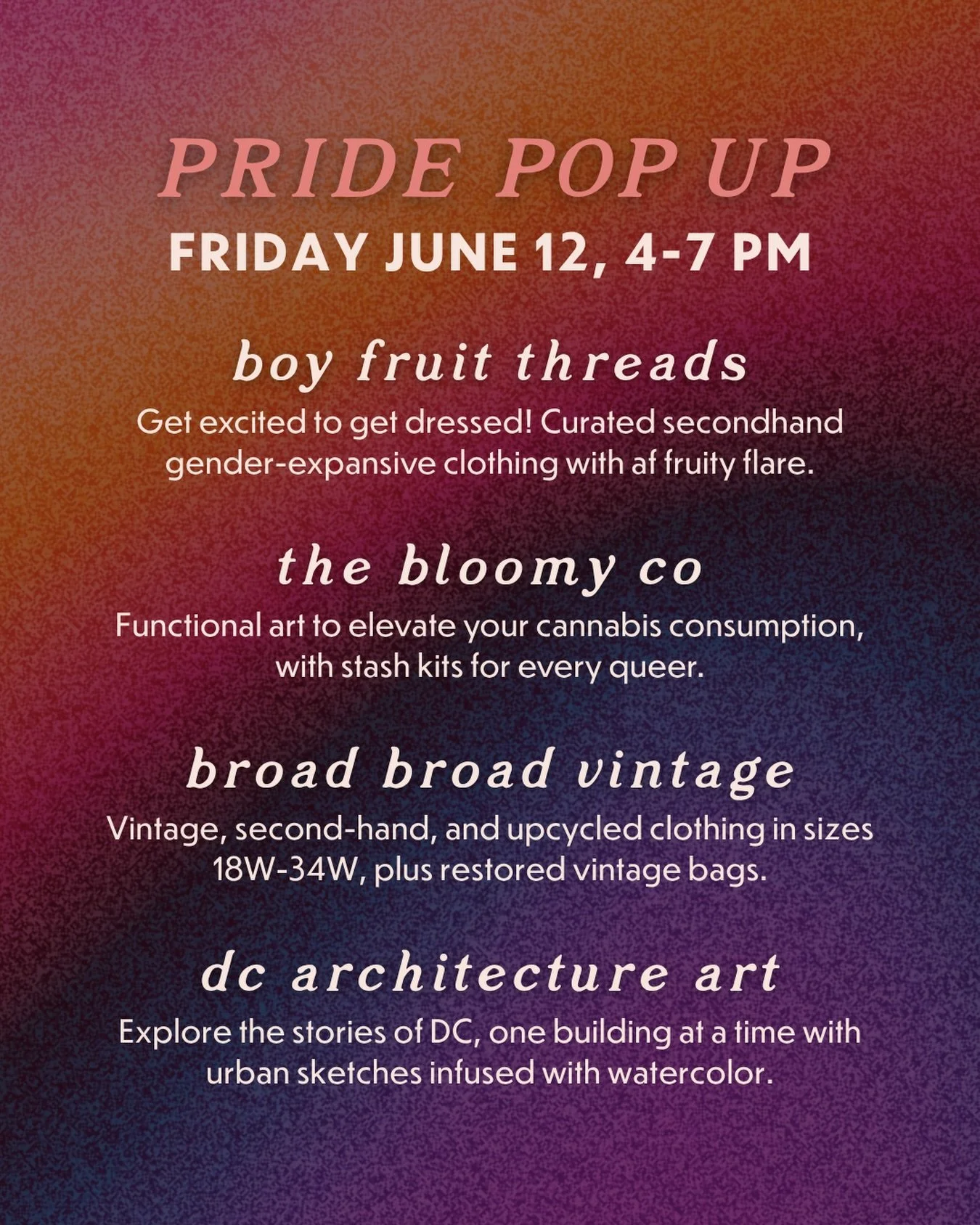Tomorrow! We have an excellent lineup of local queer-owned businesses for your Friday cultural happy hour at GGV. Swing by ahead of your weekend Pride plans and give these folks some well-earned community love!

We&rsquo;ll have gender expansive clot