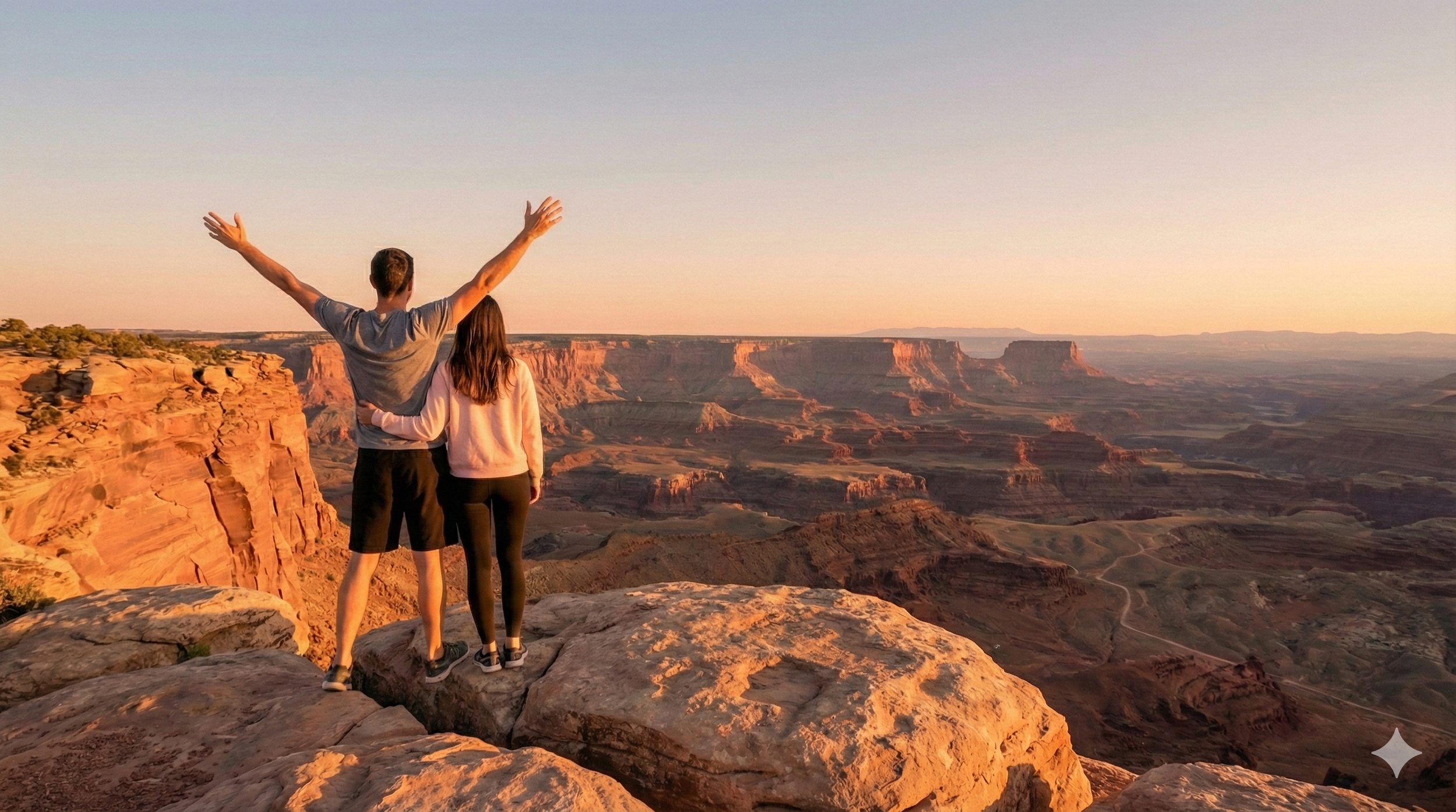 Un couple surplombe le Grand Canyon au coucher du soleil, l'homme avec les bras ouverts en signe de victoire.