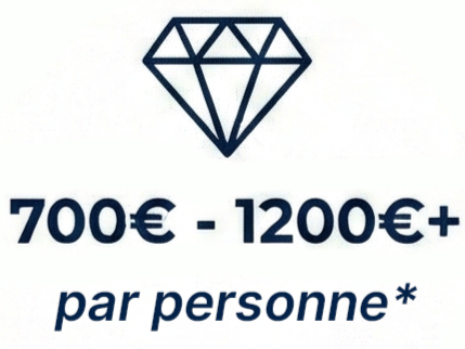 Logo d'un diamant stylisé avec le texte '700€ - 1200€+' et 'par personne'