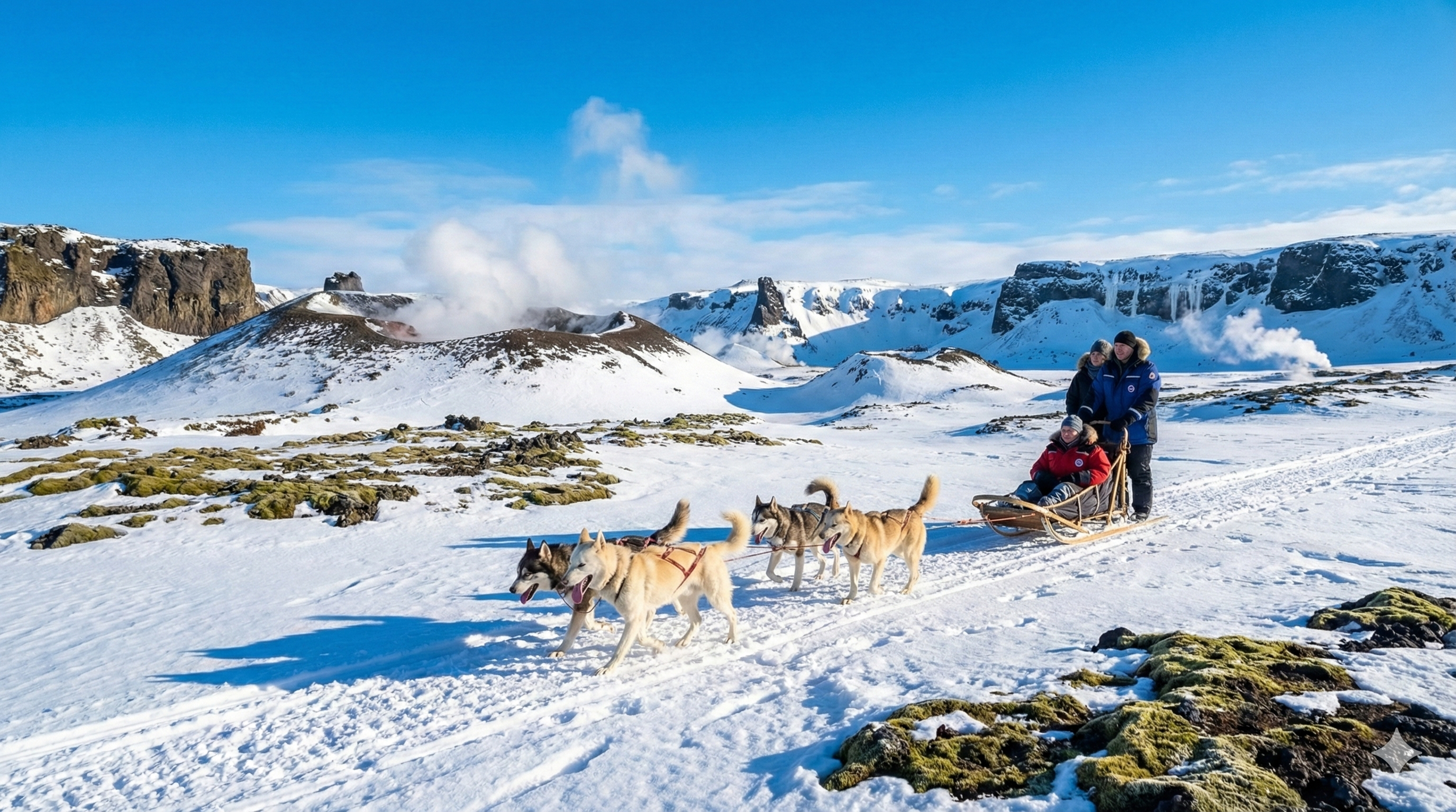Groupe de personnes en traîneau à chiens dans un paysage glacé avec des montagnes enneigées en arrière-plan.