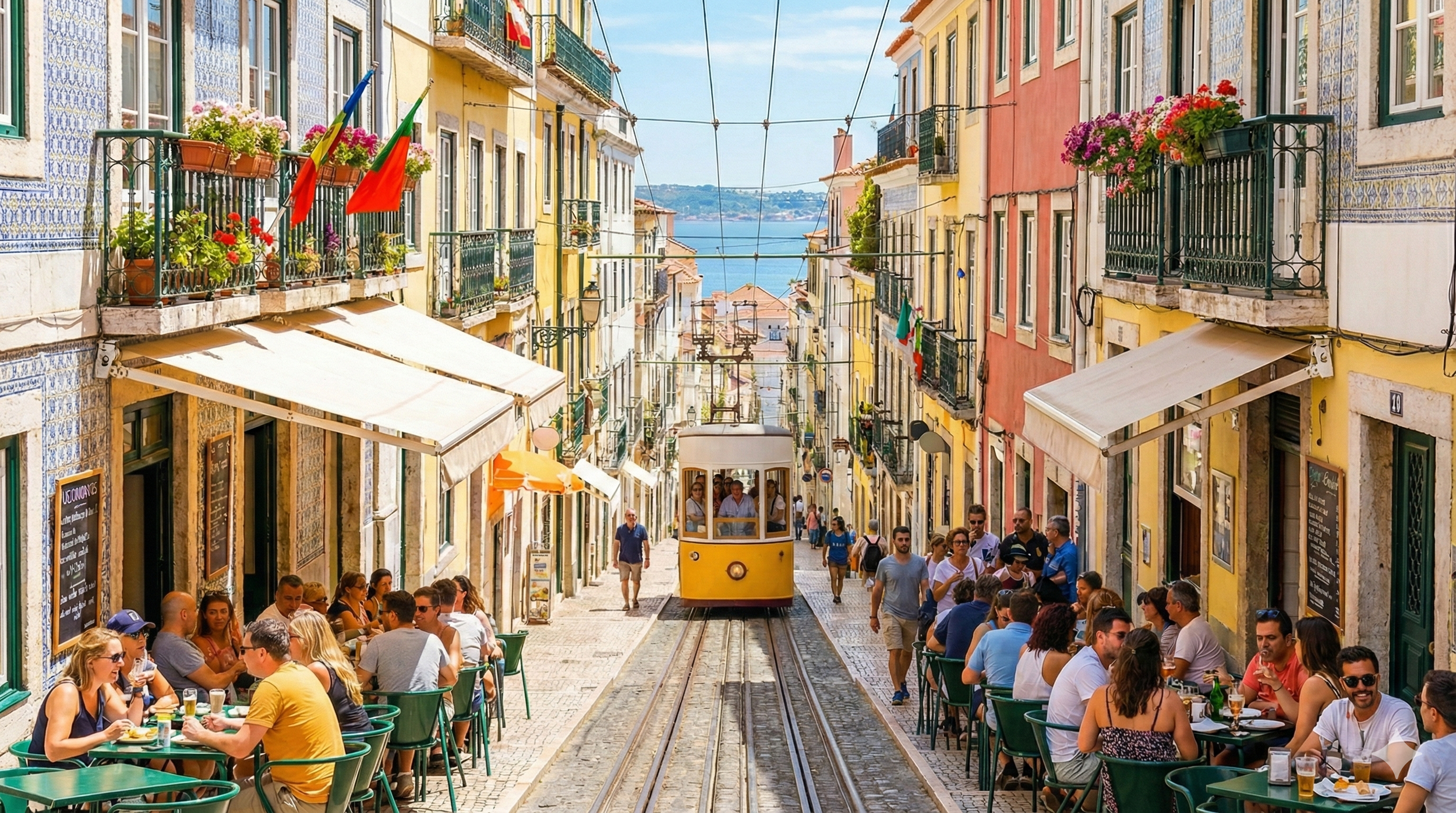 Rue colorée avec des bâtiments aux façades vives, terrasses de cafés occupées par des gens, tramway jaune roulant sur des rails, fleurs et drapeaux décorant la scène, vers une mer visible en arrière-plan, en Lisbonne, Portugal.