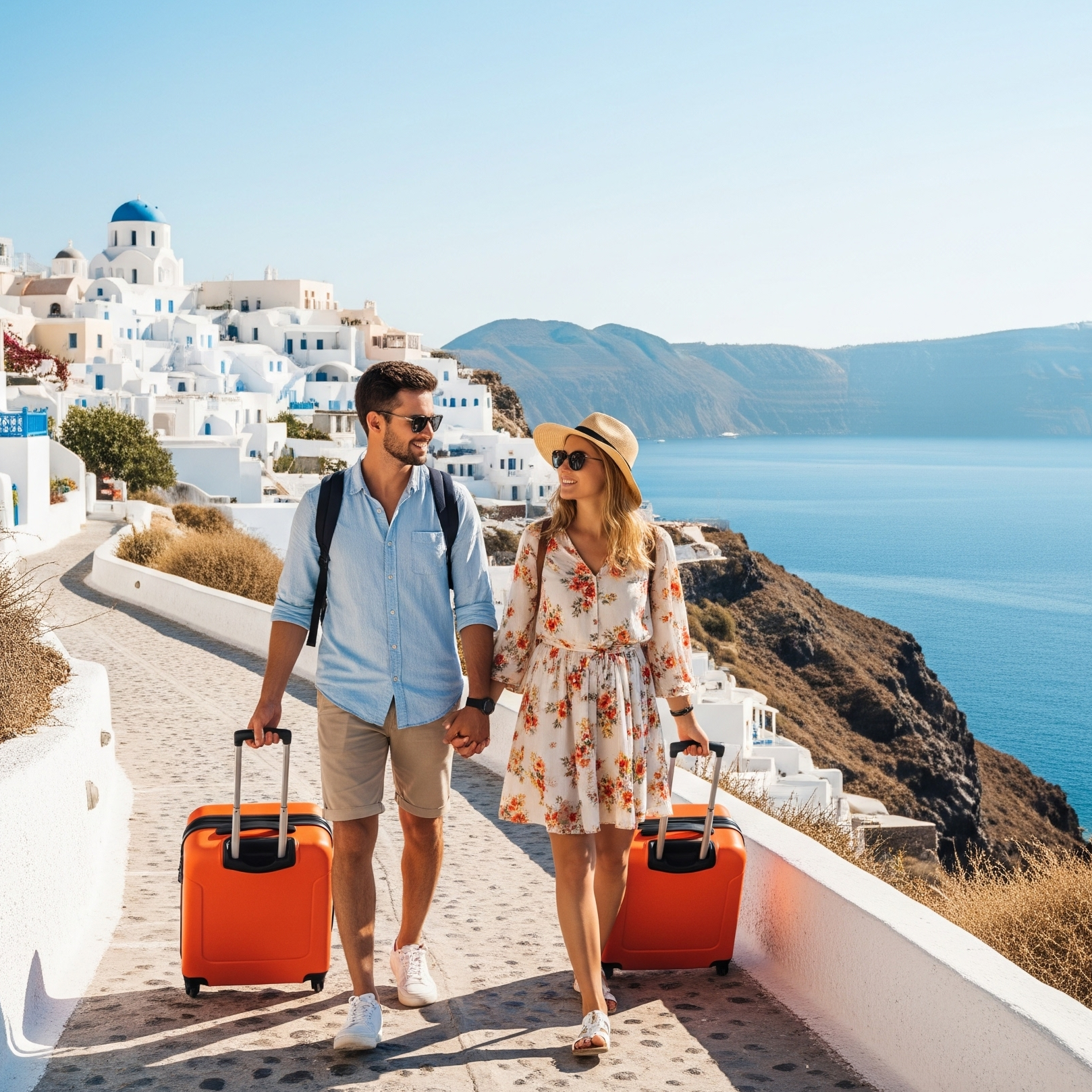 Un couple marche côte à côte avec des valises orange sur un chemin en bord de mer, avec des maisons blanches et des montagnes en toile de fond, lors d'une journée ensoleillée à Santorin, Grèce.
