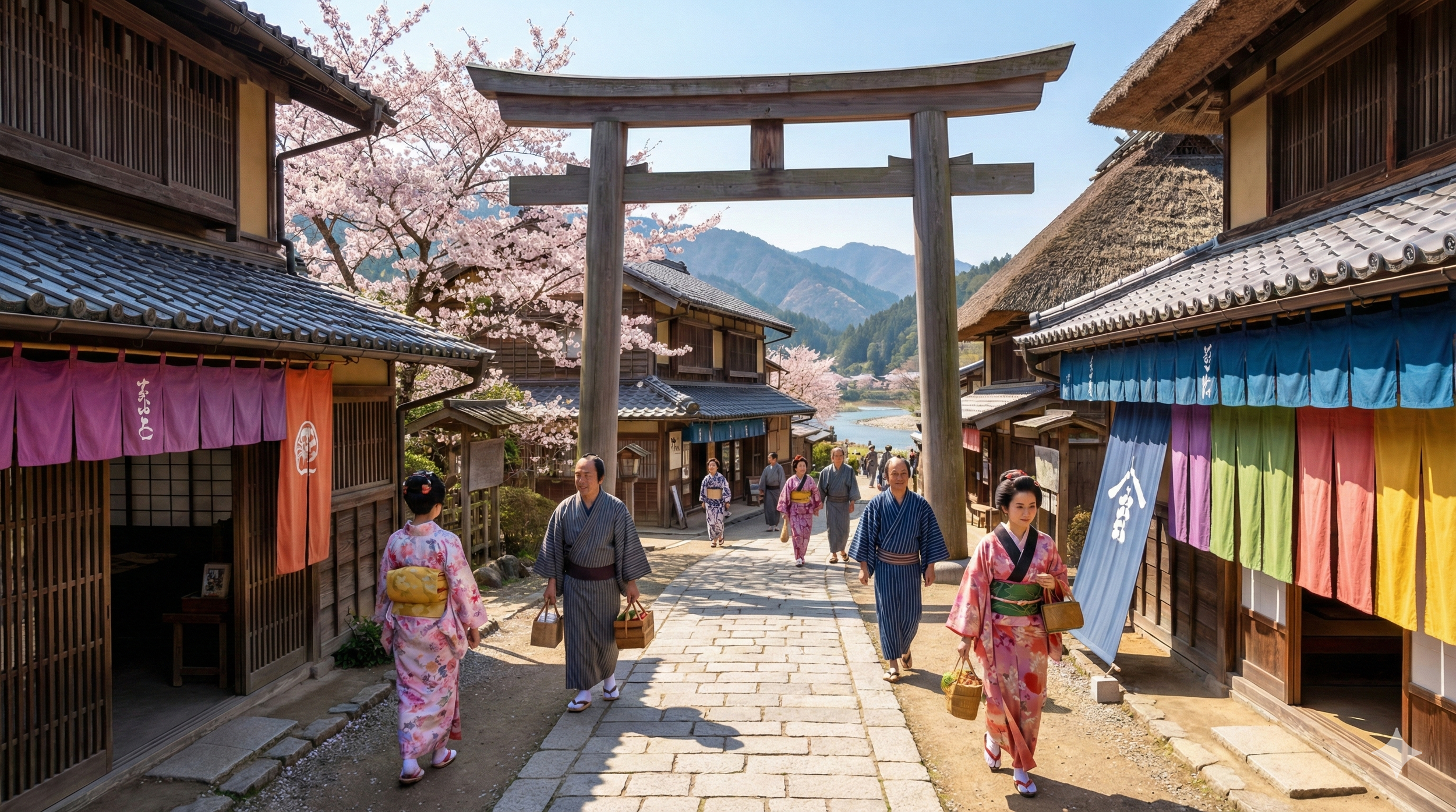 Rue traditionnelle japonaise avec des kimono, portes en bois, cerisiers en fleurs, torii en bois, montagnes en arrière-plan.