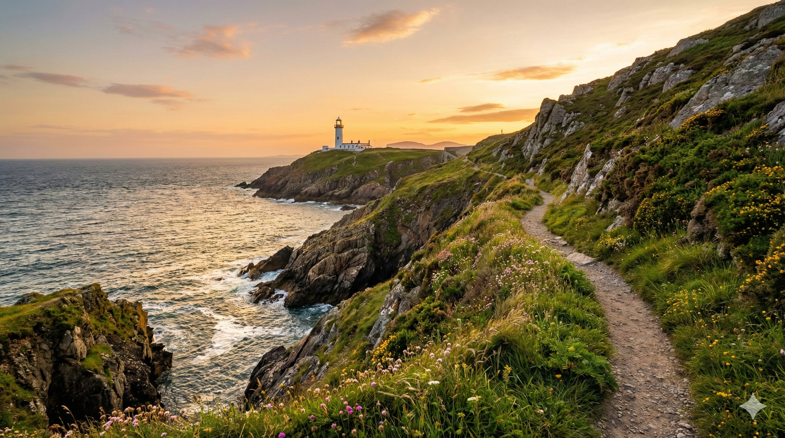 Phare sur une falaise rocheuse au coucher du soleil, sentier étroit et verdoyant en premier plan, horizon marin paisible.
