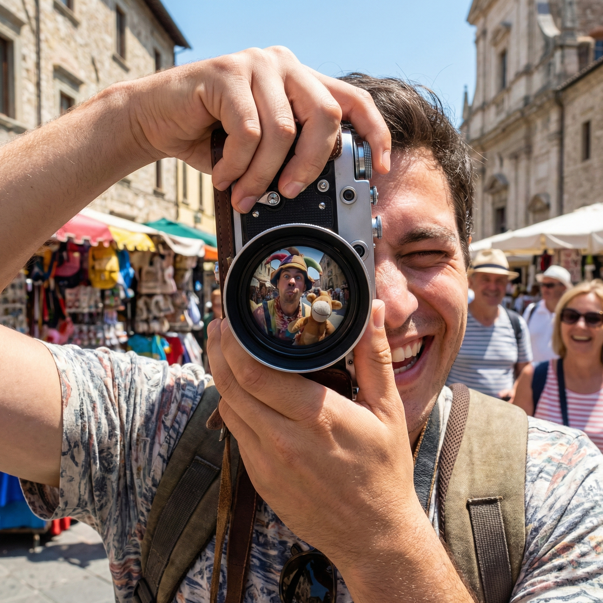 Un homme souriant tenant un appareil photo, dont le viseur montre une personne déguisée en clown avec des marionnettes cadeau, dans un marché en plein air avec des vendeurs et des visiteurs en arrière-plan.