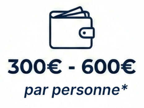 Illustration d'un portefeuille avec texte indiquant 300€ - 600€ par personne.