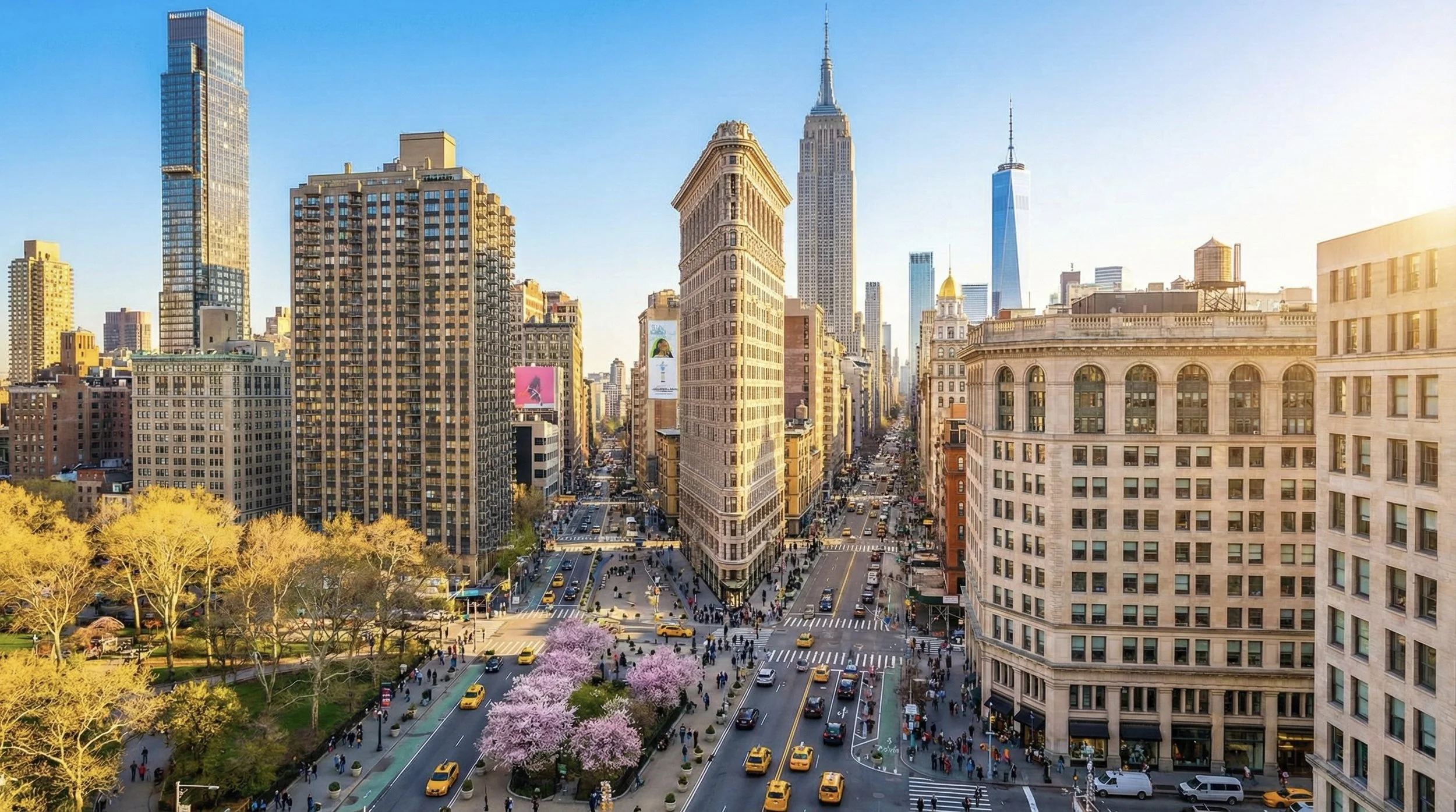 Une vue urbaine de New York avec de nombreux gratte-ciel et la célèbre Tour de l'Empire State. La rue est animée avec des taxis jaunes, des piétons et des arbres en fleurs à l'avant-plan.
