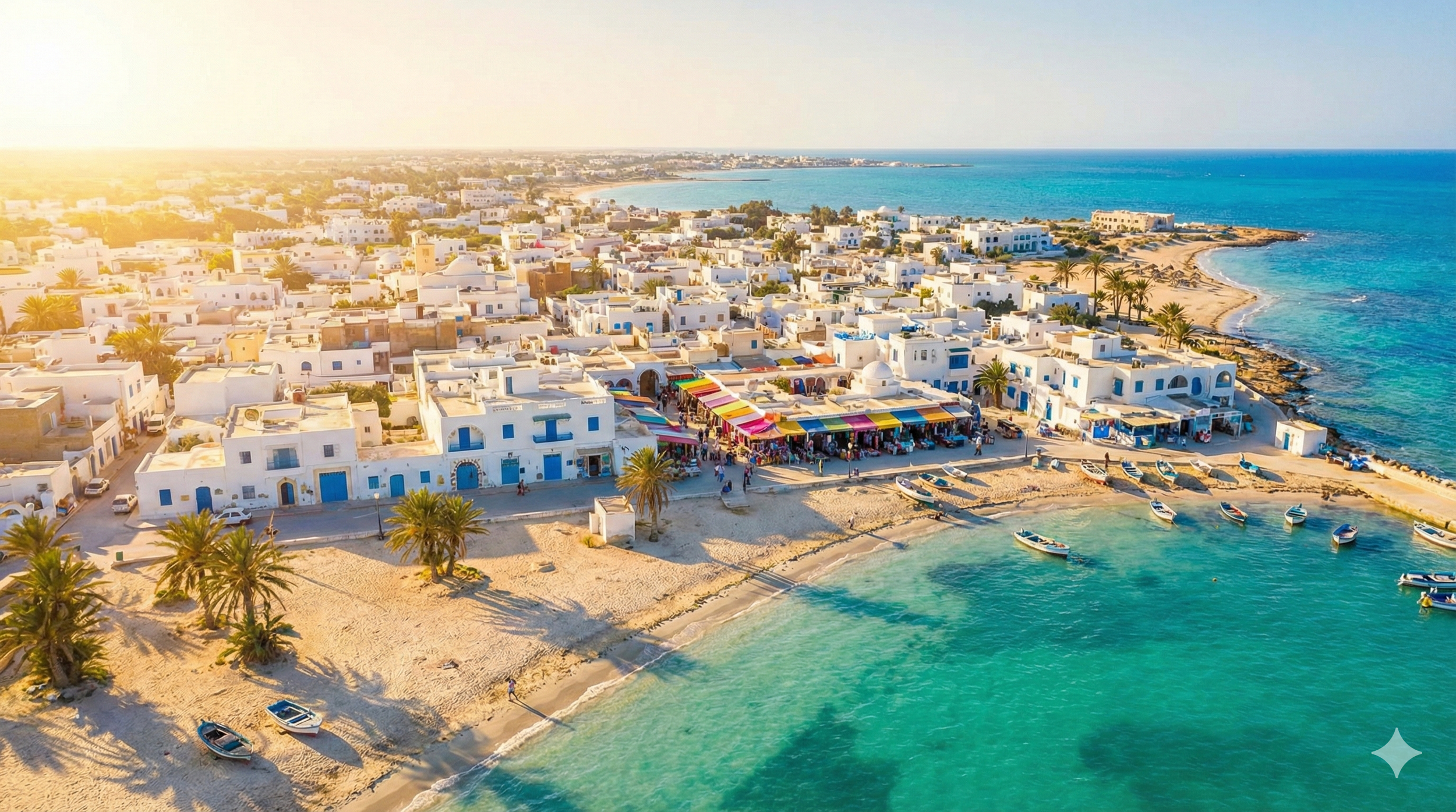Village côtier aux maisons blanches avec volets bleus, au bord de la mer turquoise, avec des bateaux de pêche au quai et des palmiers, sous un ciel ensoleillé.