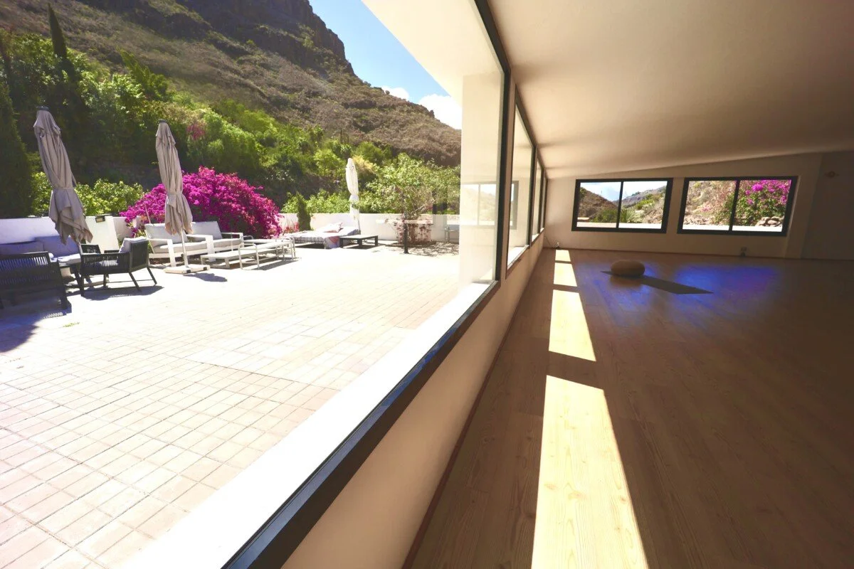 Empty room with large glass windows overlooking a patio with outdoor furniture and flowering bushes, outside mountains are visible.