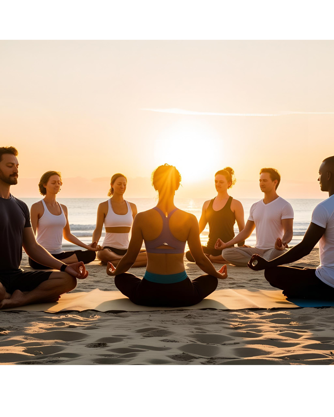 Group of people practicing yoga on the beach during sunset, sitting cross-legged with eyes closed.
