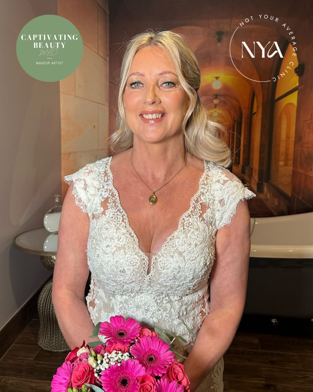 Smiling woman in white lace dress holding pink floral bouquet, standing indoors with decorative background and two logo signs.