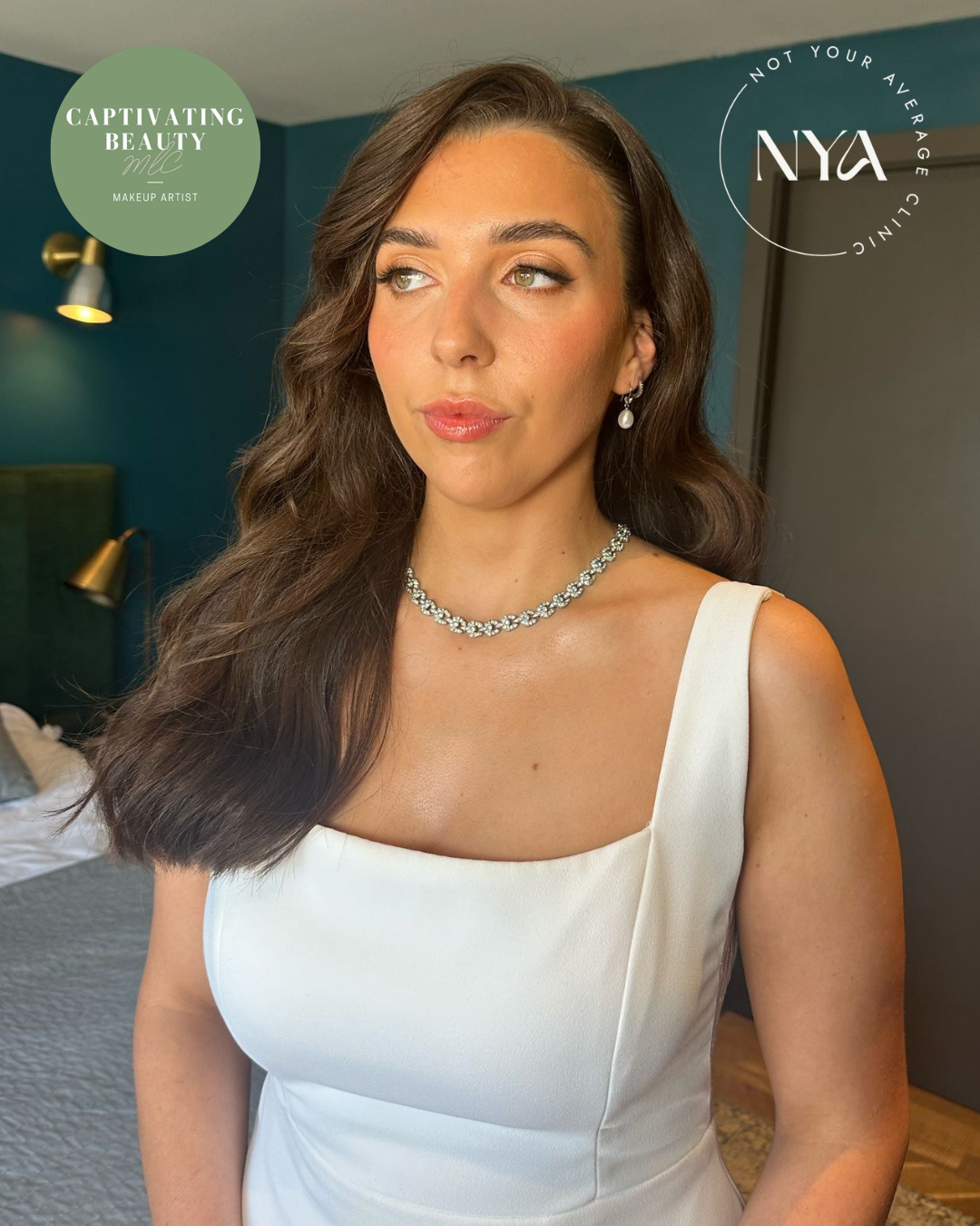Woman in a white dress with long dark hair, wearing a necklace and earrings, in a room with blue walls. Two logos are present: "Captivating Beauty Makeup Artist" and "NYA Not Your Average Clinic."