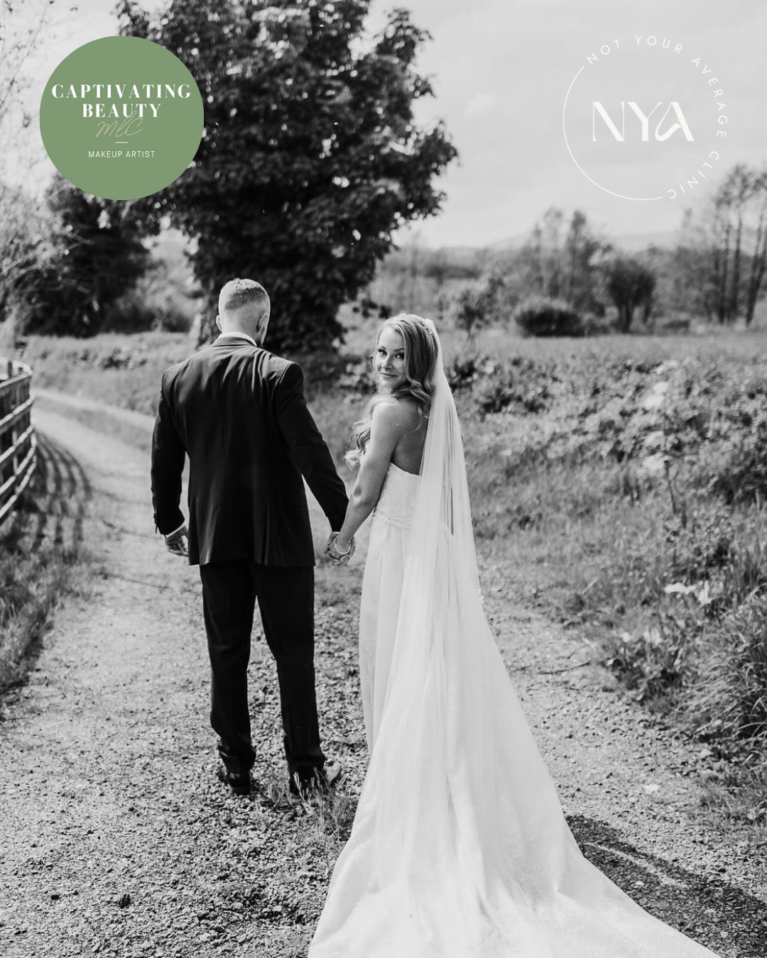 Bride and groom walking on a rural path, holding hands and facing away from the camera, with greenery and trees in the background.