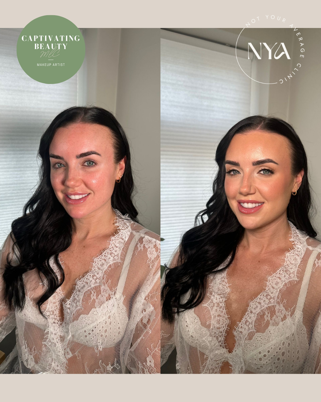 Before and after makeup transformation showing a woman wearing a white lace top, with logos for "Captivating Beauty MUA" and "Not Your Average Clinic."