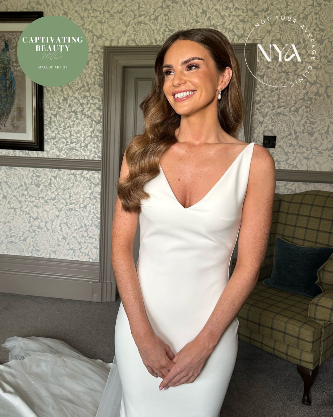 Smiling woman in a white wedding dress, with long brown hair, standing indoors with floral wallpaper and seated area in the background. Logos for "Captivating Beauty" and "NYA" are on the image.