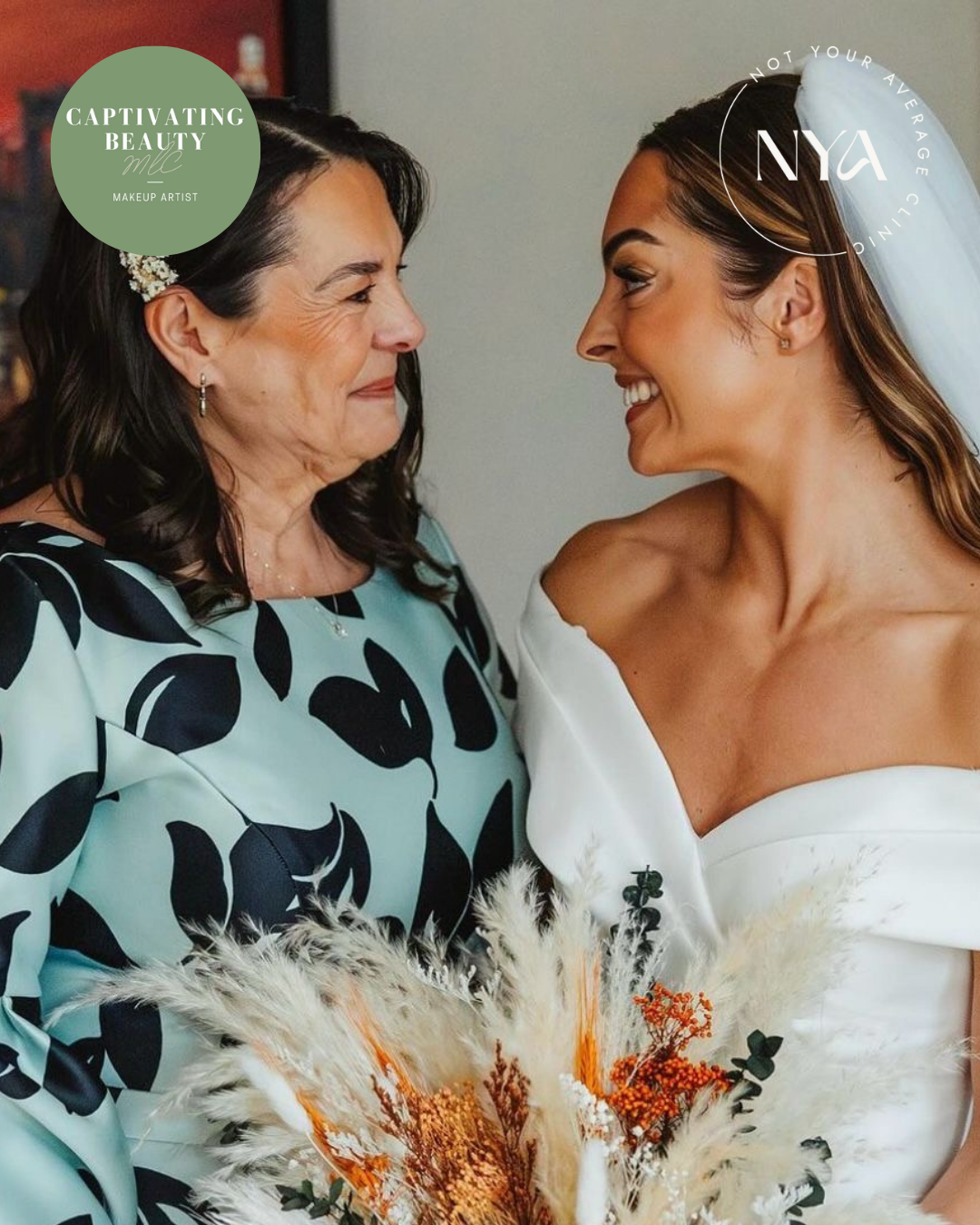 A bride and an older woman smiling at each other, standing close. Bride is wearing an off-shoulder white dress and holding a bouquet with dried flowers. The older woman is in a patterned dress. Both have long hair. Text graphics include 'Captivating Beauty' and 'Not Your Average'.