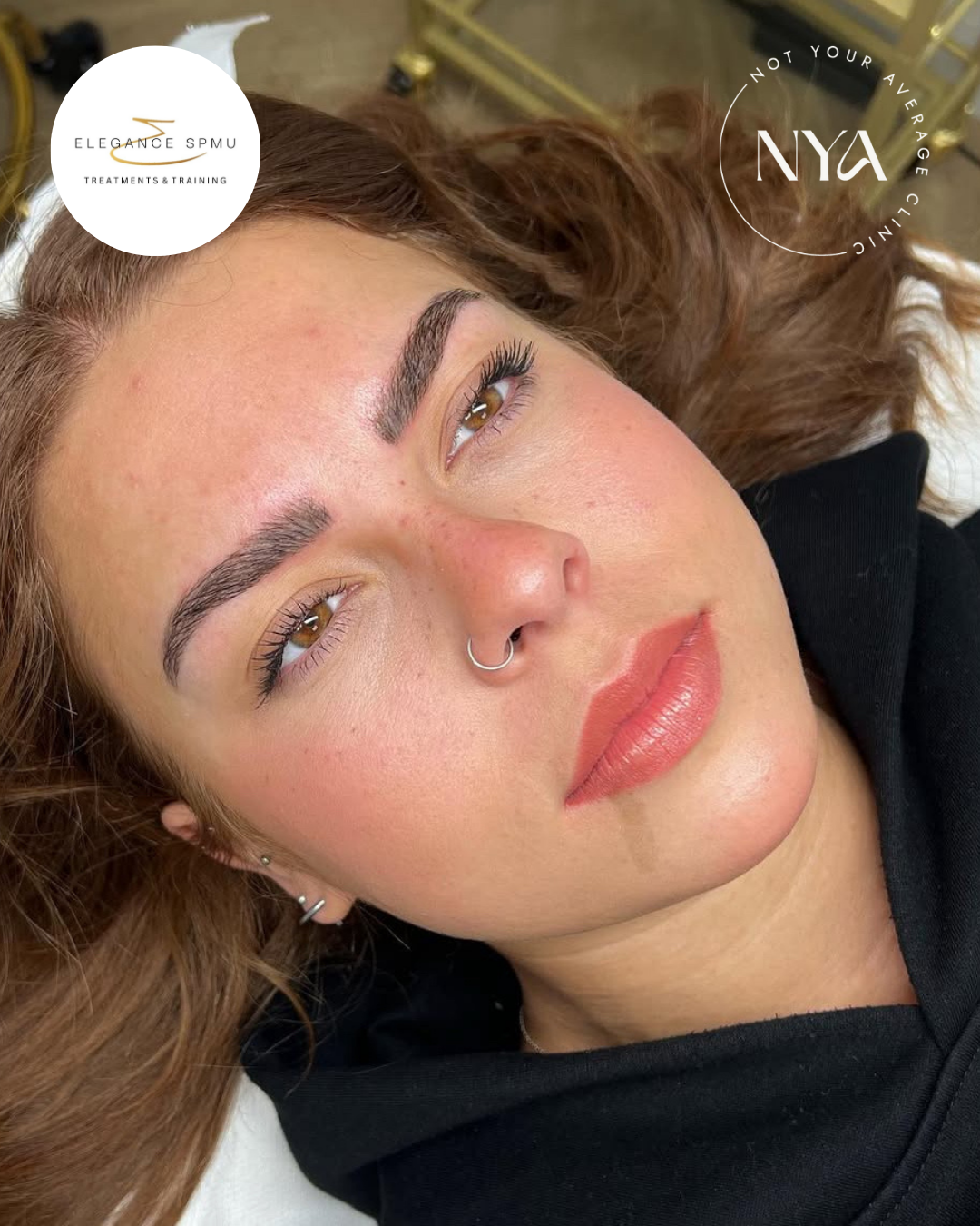 Close-up of a person with styled eyebrows and hoop nose ring, lying down, showcasing cosmetic procedure results. Logos for Elegance SPMU and NYA Clinic visible.