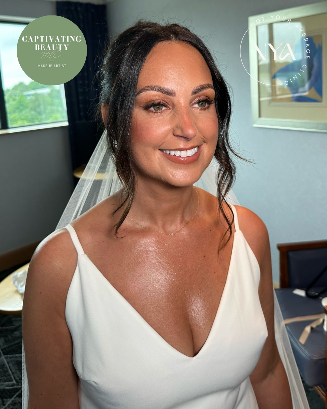Smiling bride with veil, wearing white dress, indoors, makeup accentuating eyes and skin, logos for "Captivating Beauty MIE Makeup Artist" and "Not Your Average Clinic" visible.