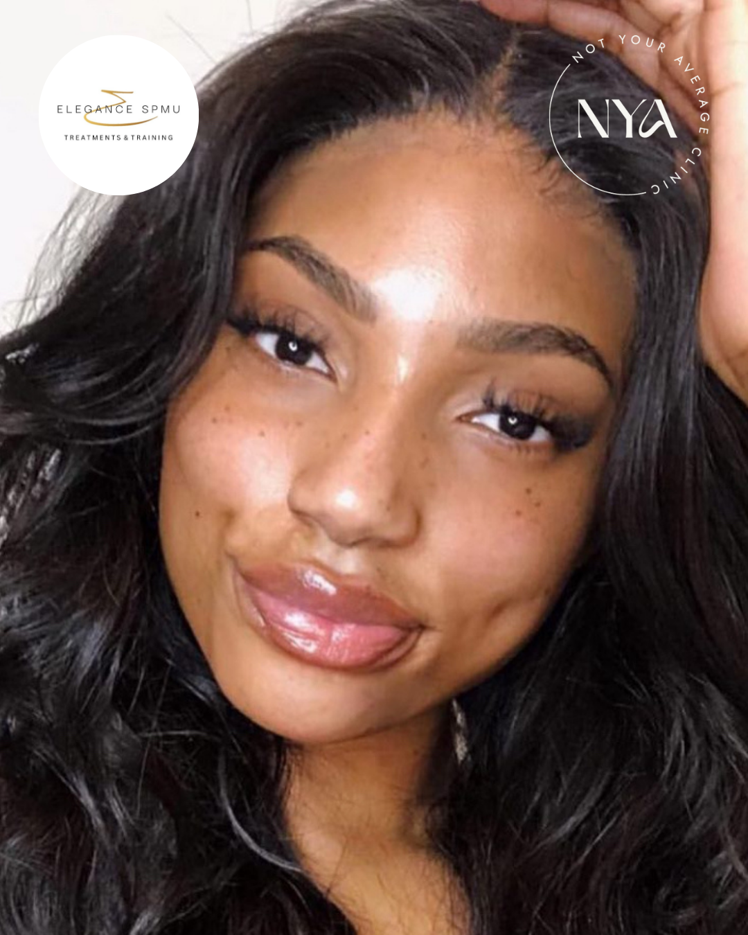 Close-up of a woman with long dark hair, glossy lips, and well-groomed eyebrows. She has dimples and a slight smile, with logos in the corners reading "Elegance SPMU" and "Not Your Average Clinic."