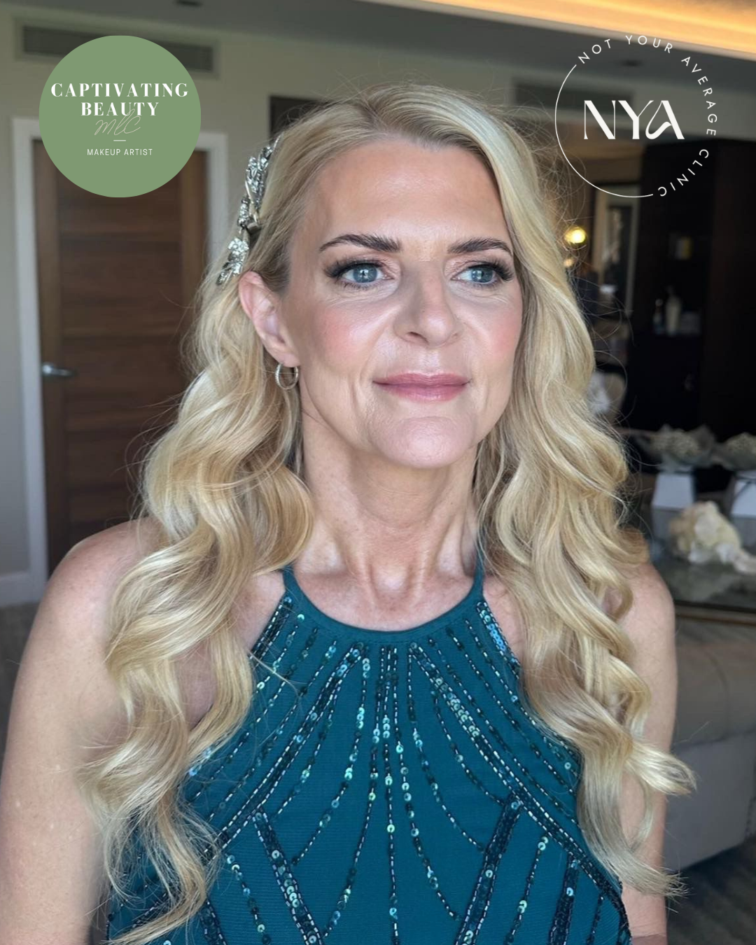 A woman with long blonde hair styled in loose waves, wearing a teal dress with sequin details. She has makeup on, emphasizing her eyes and lips. The background shows a room with dim lighting and floral decor. The image has logos for 'Captivating Beauty' and 'Not Your Average' in the corners.