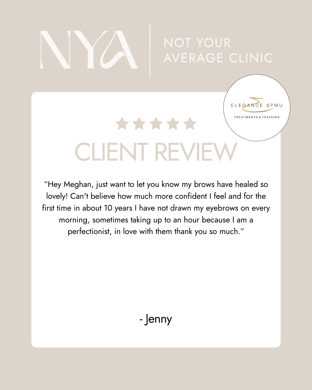Client review card for "Not Your Average Clinic" with a high rating, praising "Meg" for excellent lip blush and brow services. Includes "Elegance SPMU Treatments & Training" logo. Quote from "Jenny."