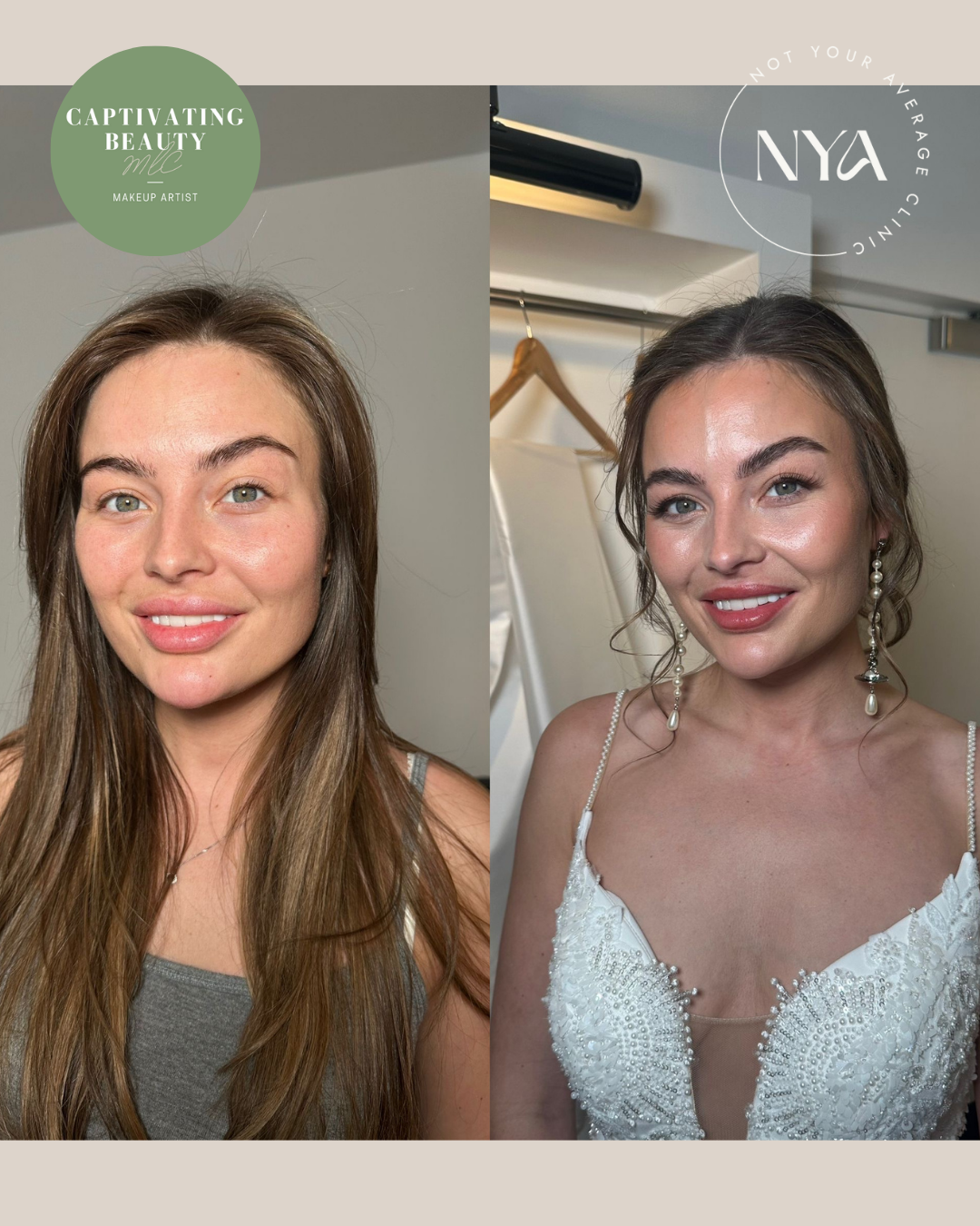 Before and after makeup transformation of a woman with brown hair. Left: natural look, gray tank top. Right: glamorous look, updo hairstyle, wearing a decorative white dress with pearl details.