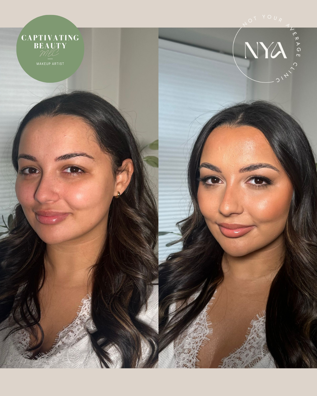 Before and after makeup application on a woman's face, showing a natural look on the left and a glamorous makeup look on the right.
